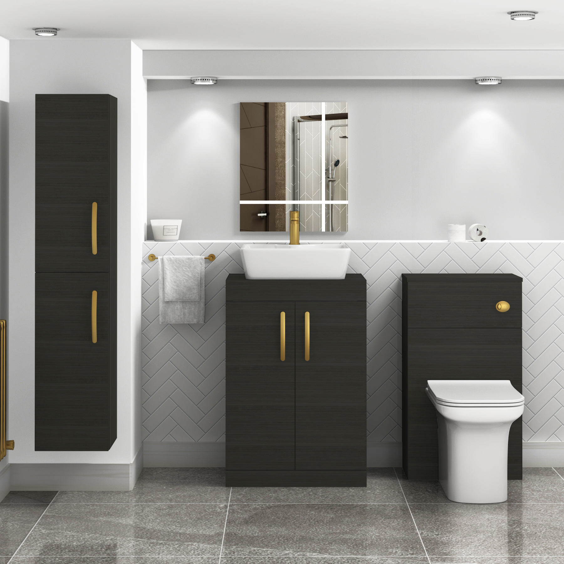 600mm Floor Standing Vanity Unit 2 Door Hale Black & Countertop Basin - Cube with Brushed Brass Handle