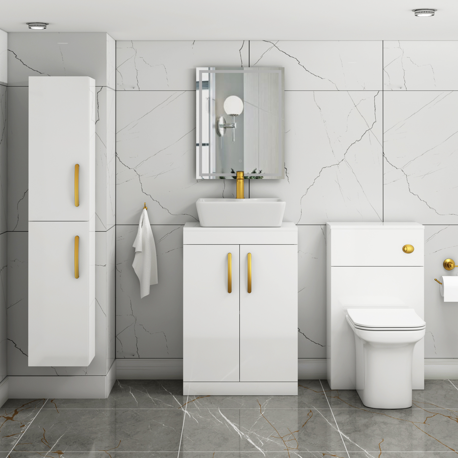 600mm Floor Standing Vanity Unit 2 Door Gloss White & Countertop Basin - Cube with Brushed Brass Handle