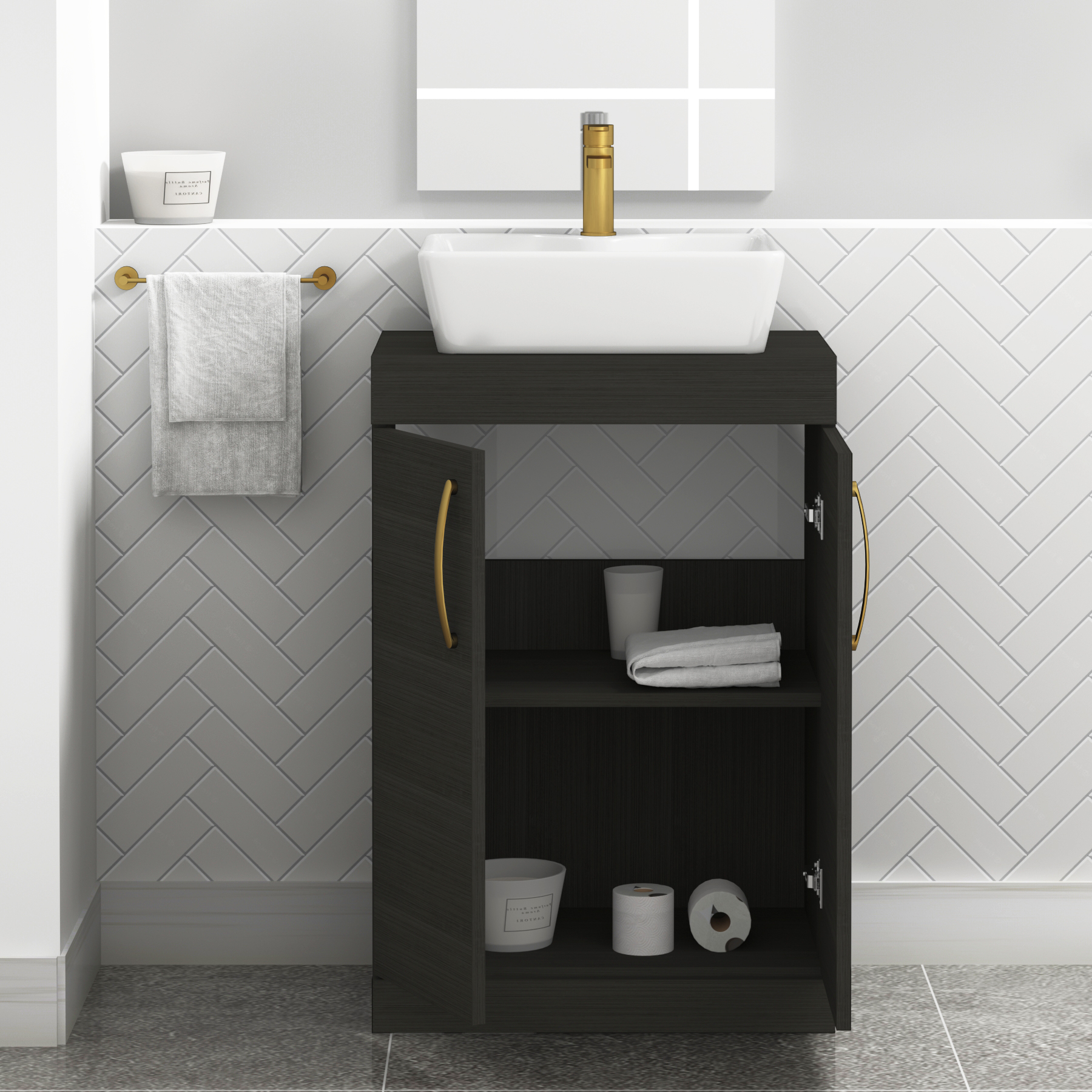 600mm Floor Standing Vanity Unit 2 Door Hale Black & Countertop Basin - Cube with Brushed Brass Handle