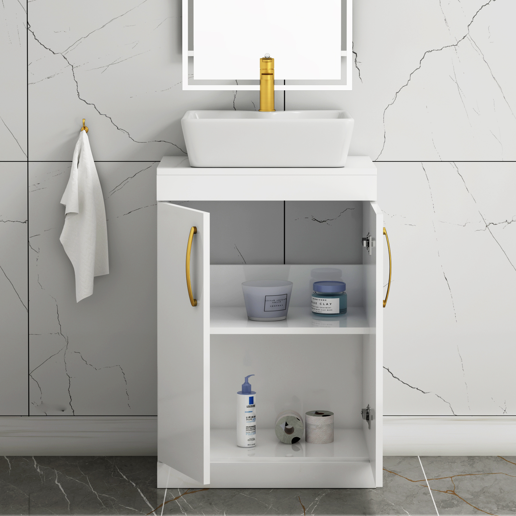600mm Floor Standing Vanity Unit 2 Door Gloss White & Countertop Basin - Cube with Brushed Brass Handle