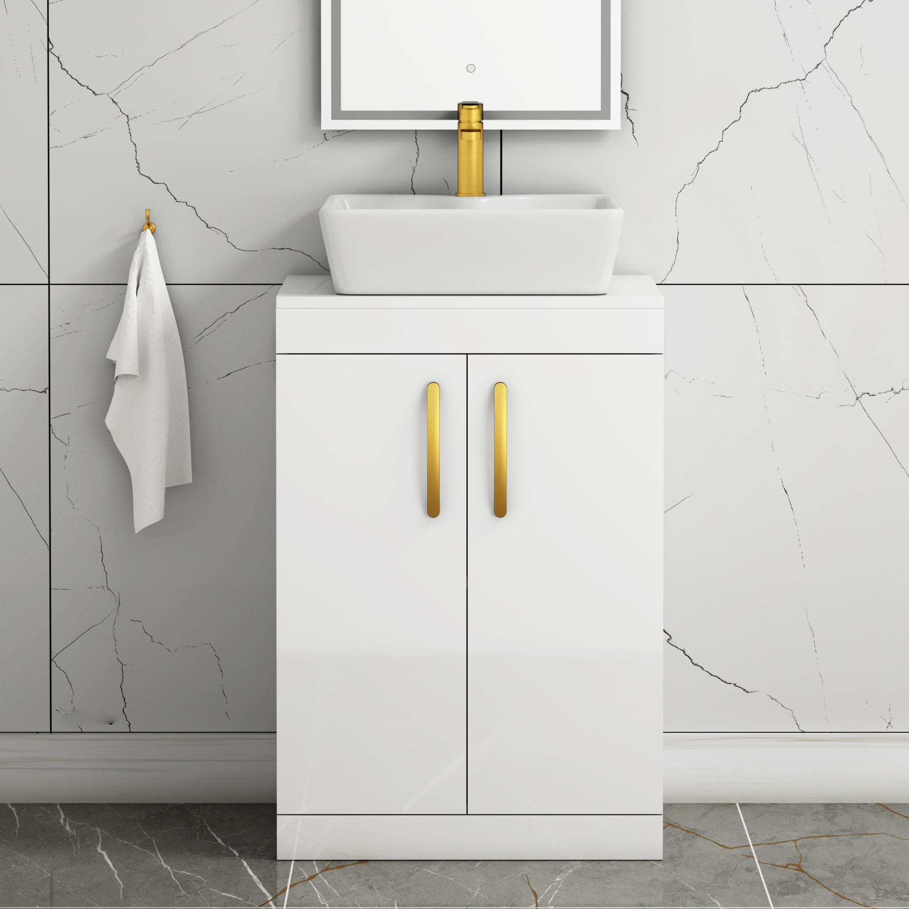 600mm Floor Standing Vanity Unit 2 Door Gloss White & Countertop Basin - Cube with Brushed Brass Handle