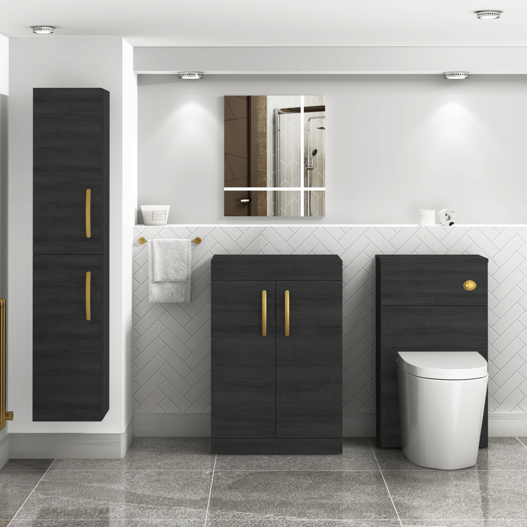 Turin 600mm Hale Black Floor Standing Worktop Vanity Unit - 2 Doors with Brushed Brass Handle