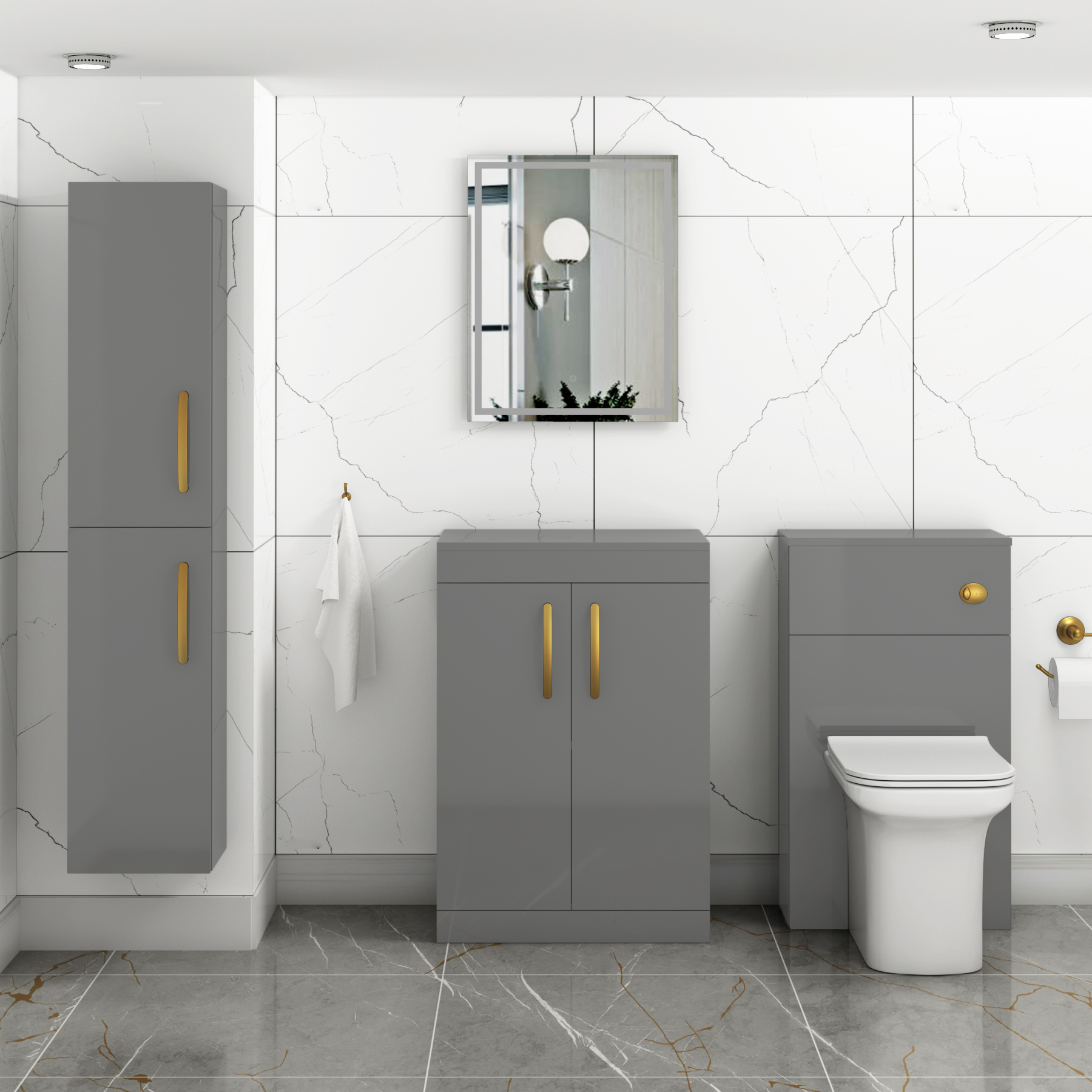  Turin 600mm Indigo Grey Gloss Floor Standing Worktop Vanity Unit - 2 Doors with Brushed Brass Handle