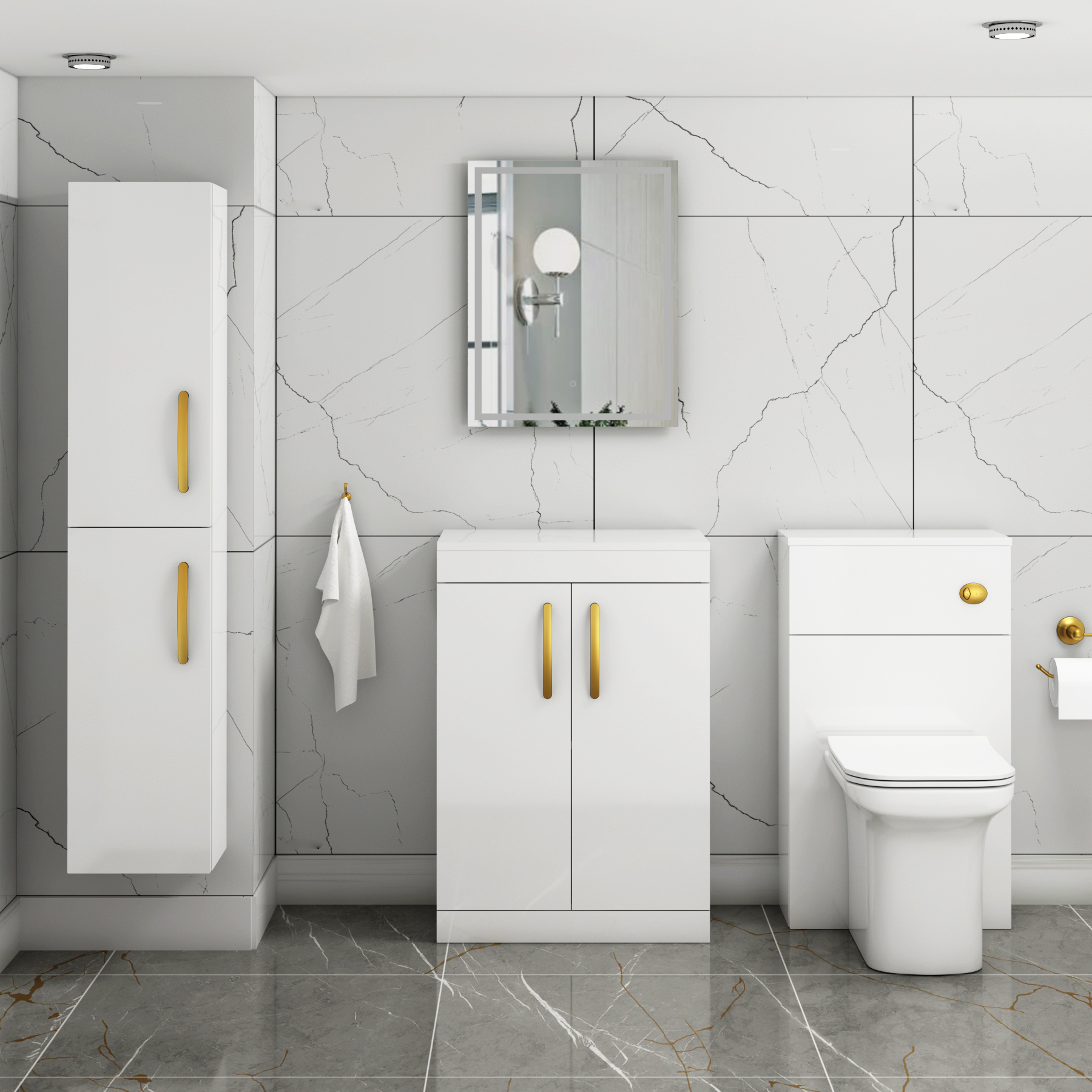 Turin 600mm Gloss White Floor Standing Worktop Vanity Unit - 2 Doors with Brushed Brass Handle