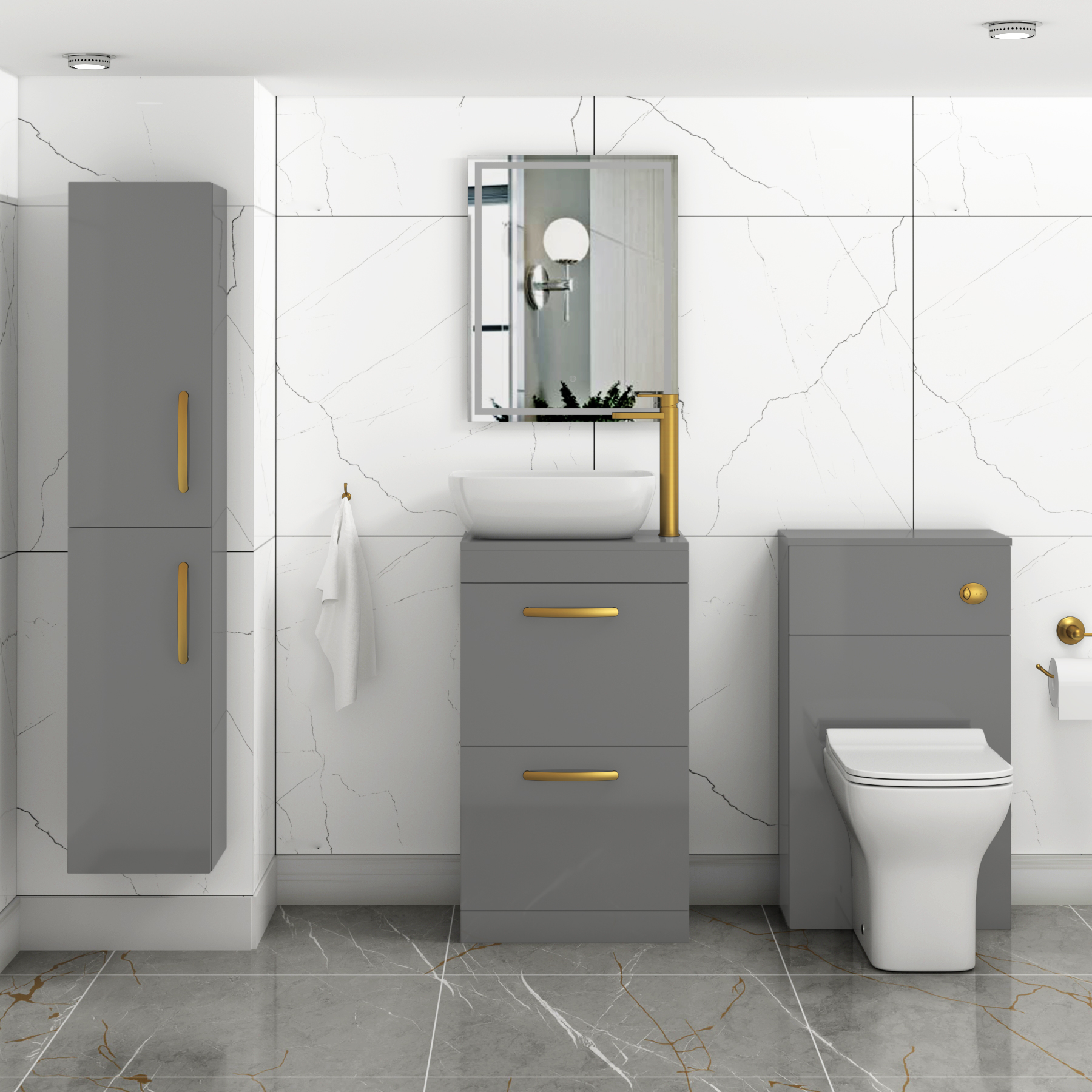 500mm Floor Standing Vanity Unit 2 Drawer Indigo Grey Gloss & Countertop Basin - Elva with Brushed Brass Handle