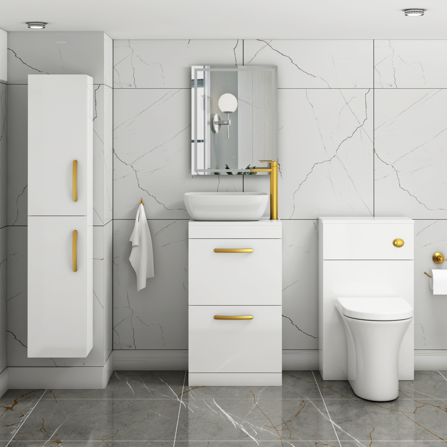 500mm Floor Standing Vanity Unit 2 Drawer Gloss White & Countertop Basin - Elva with Brushed Brass Handle