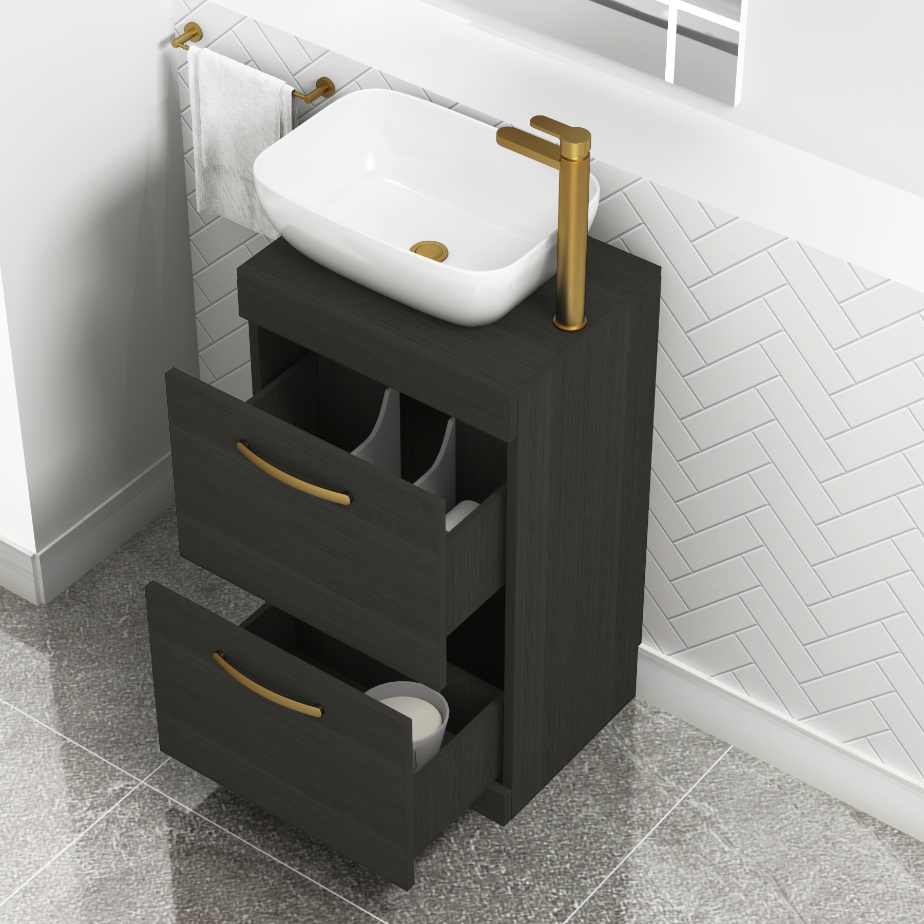 500mm Floor Standing Vanity Unit 2 Drawer Hale Black & Countertop Basin - Elva with Brushed Brass Handle