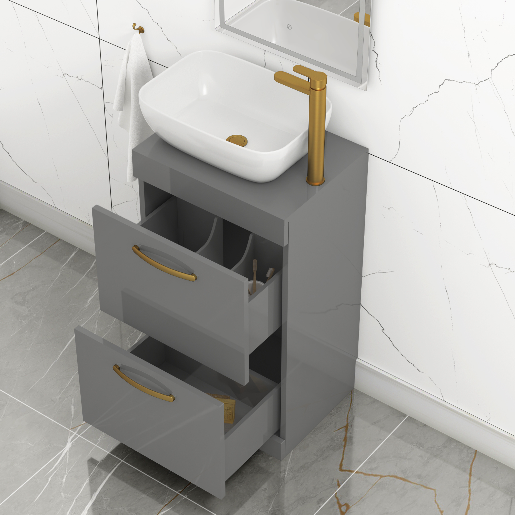 500mm Floor Standing Vanity Unit 2 Drawer Indigo Grey Gloss & Countertop Basin - Elva with Brushed Brass Handle