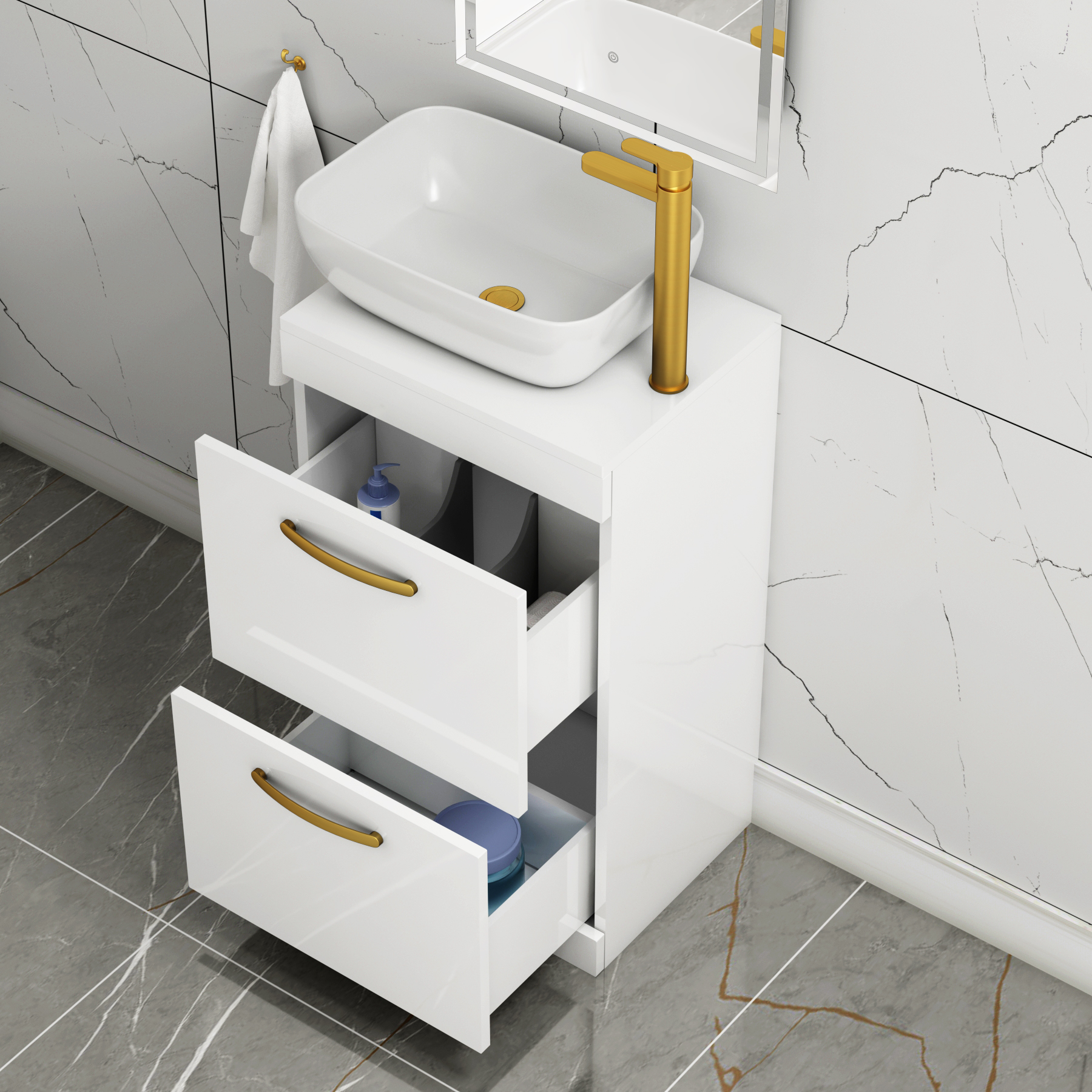 500mm Floor Standing Vanity Unit 2 Drawer Gloss White & Countertop Basin - Elva with Brushed Brass Handle