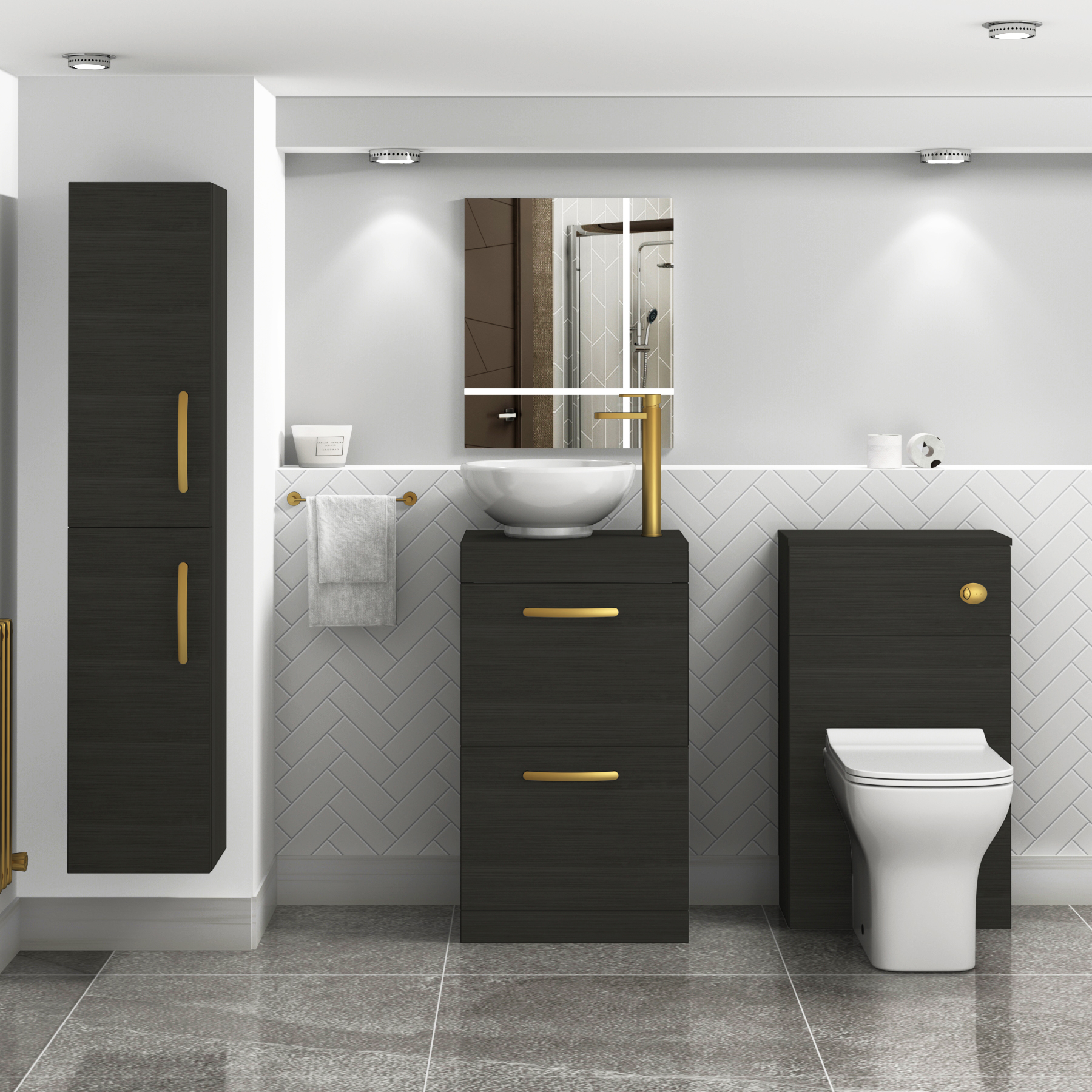 500mm Floor Standing Vanity Unit 2 Drawer Hale Black & Countertop Basin - Breeze with Brushed Brass Handle