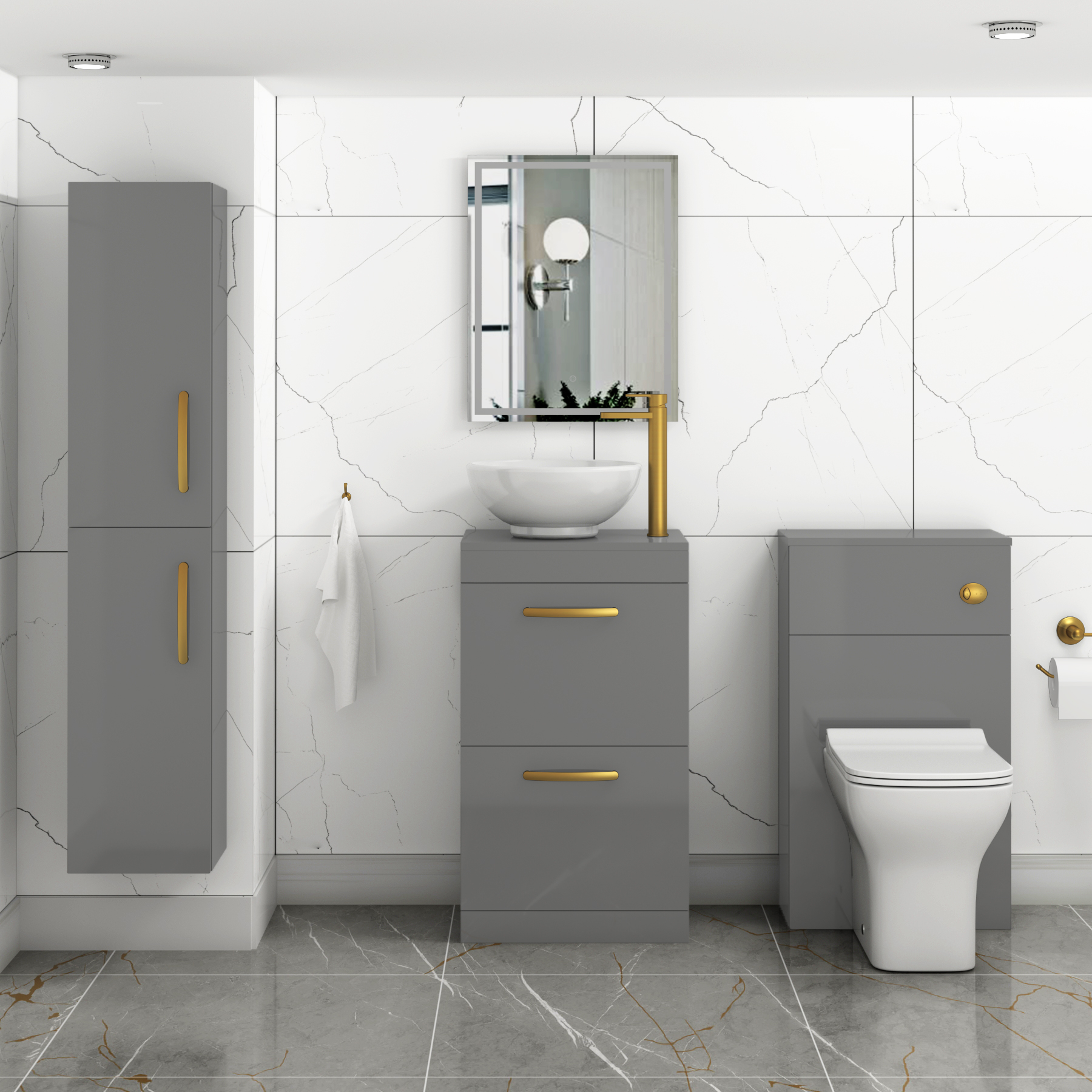 500mm Floor Standing Vanity Unit 2 Drawer Indigo Grey Gloss & Countertop Basin - Breeze with Brushed Brass Handle