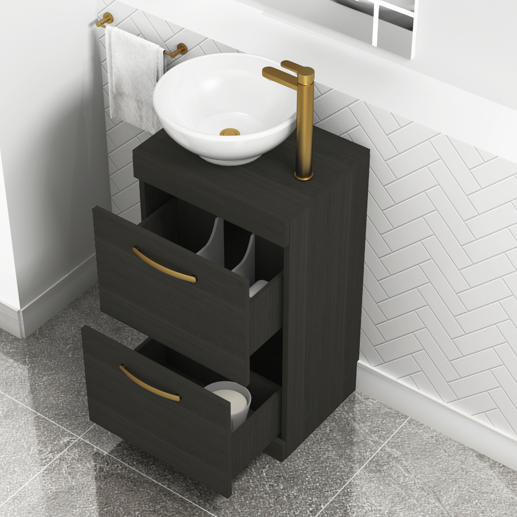 500mm Floor Standing Vanity Unit 2 Drawer Hale Black & Countertop Basin - Breeze with Brushed Brass Handle