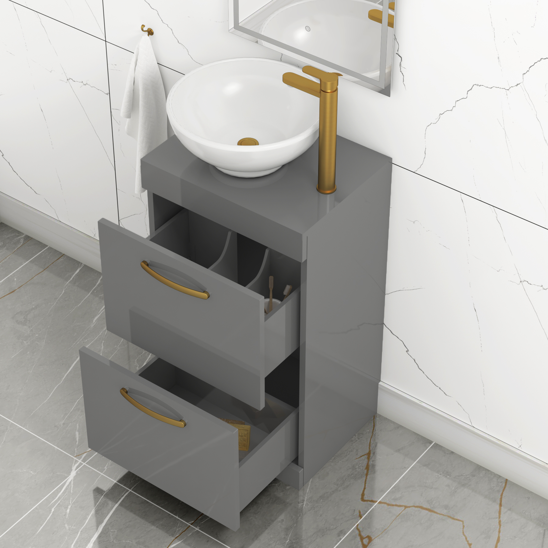 500mm Floor Standing Vanity Unit 2 Drawer Indigo Grey Gloss & Countertop Basin - Breeze with Brushed Brass Handle
