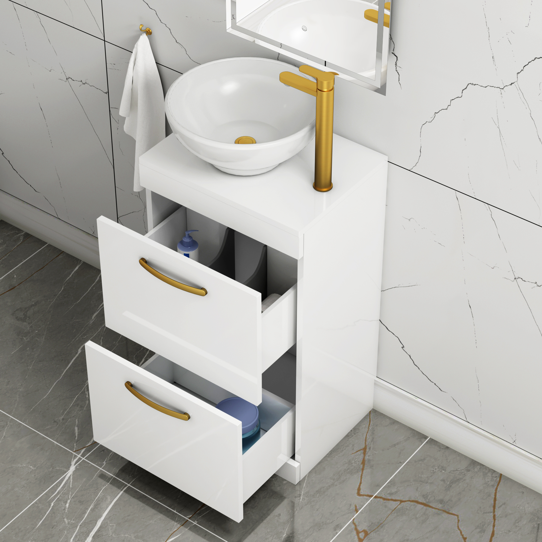 500mm Floor Standing Vanity Unit 2 Drawer Gloss White & Countertop Basin - Breeze with Brushed Brass Handle