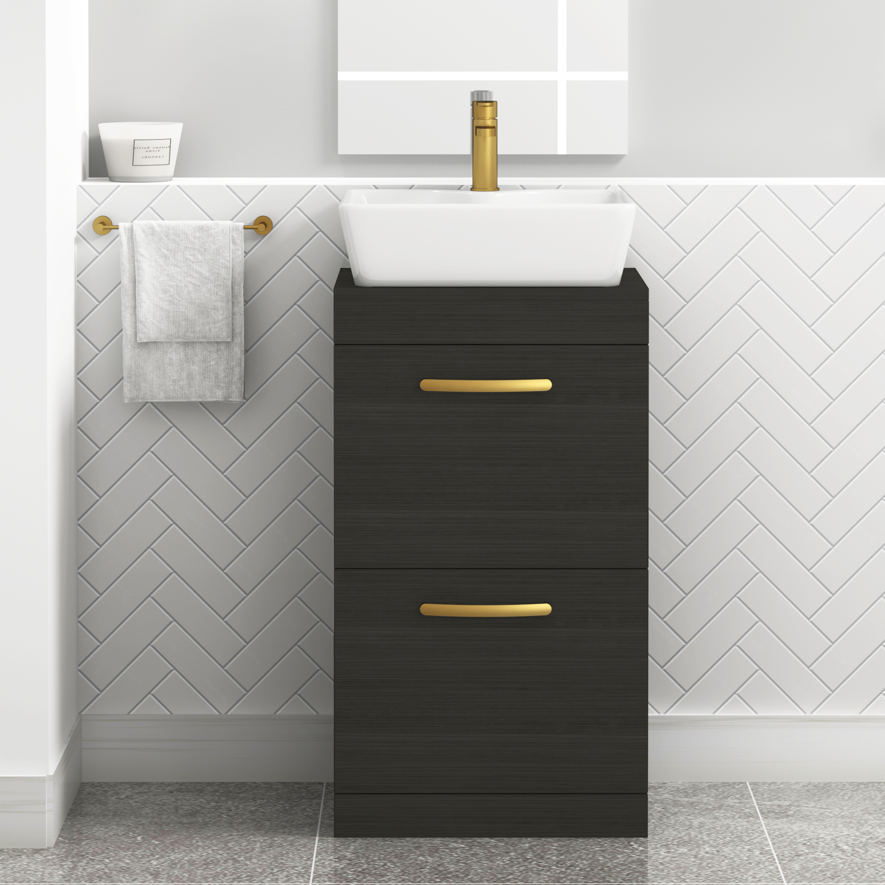 500mm Floor Standing Vanity Unit 2 Drawer Hale Black & Countertop Basin - Cube with Brushed Brass Handle