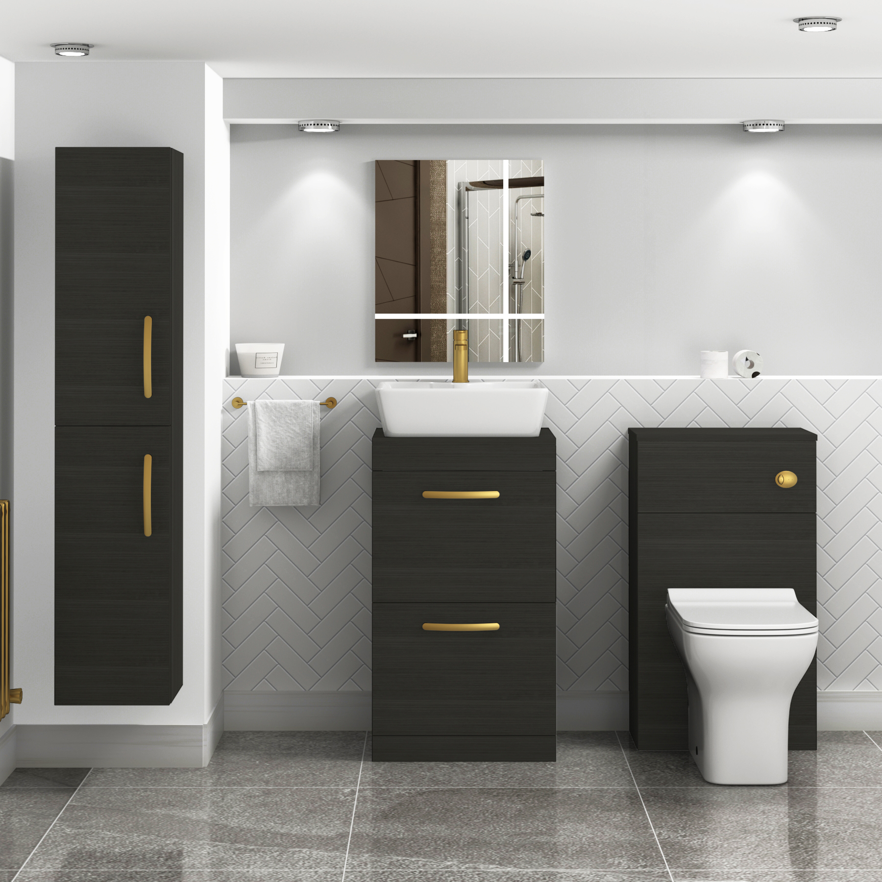 500mm Floor Standing Vanity Unit 2 Drawer Hale Black & Countertop Basin - Cube with Brushed Brass Handle