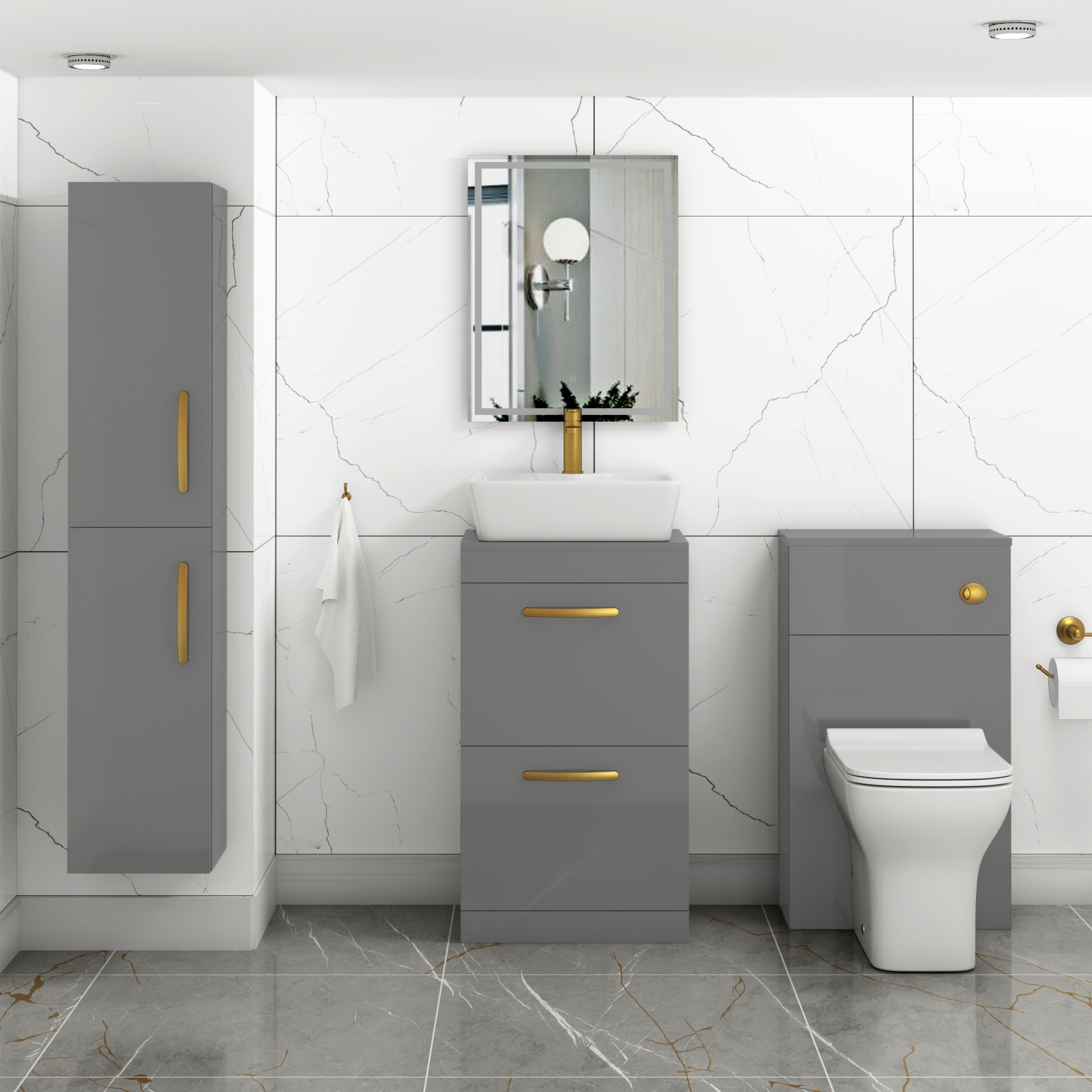 500mm Floor Standing Vanity Unit 2 Drawer Indigo Grey Gloss & Countertop Basin - Cube with Brushed Brass Handle