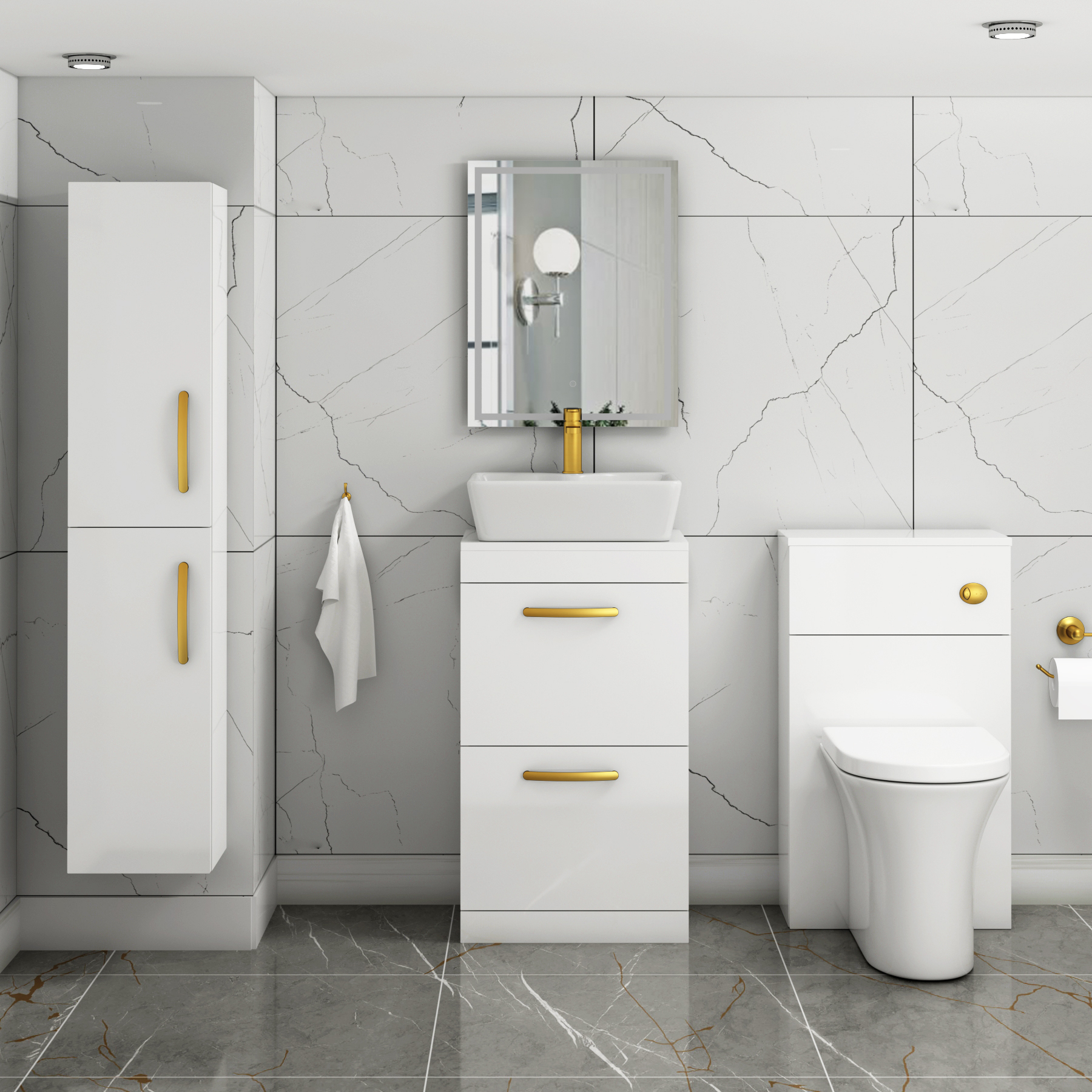 500mm Floor Standing Vanity Unit 2 Drawer Gloss White & Countertop Basin - Cube with Brushed Brass Handle