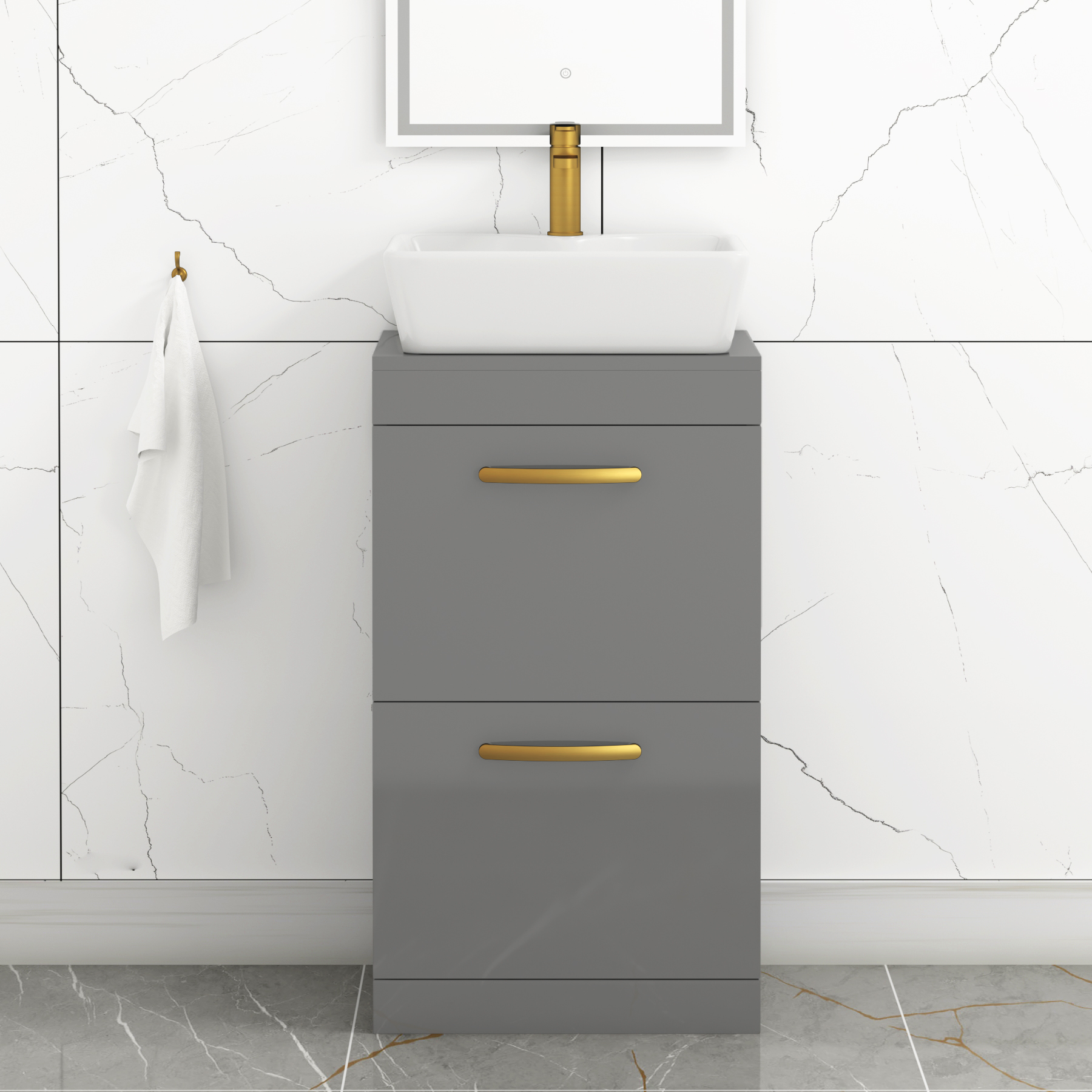 500mm Floor Standing Vanity Unit 2 Drawer Indigo Grey Gloss & Countertop Basin - Cube with Brushed Brass Handle