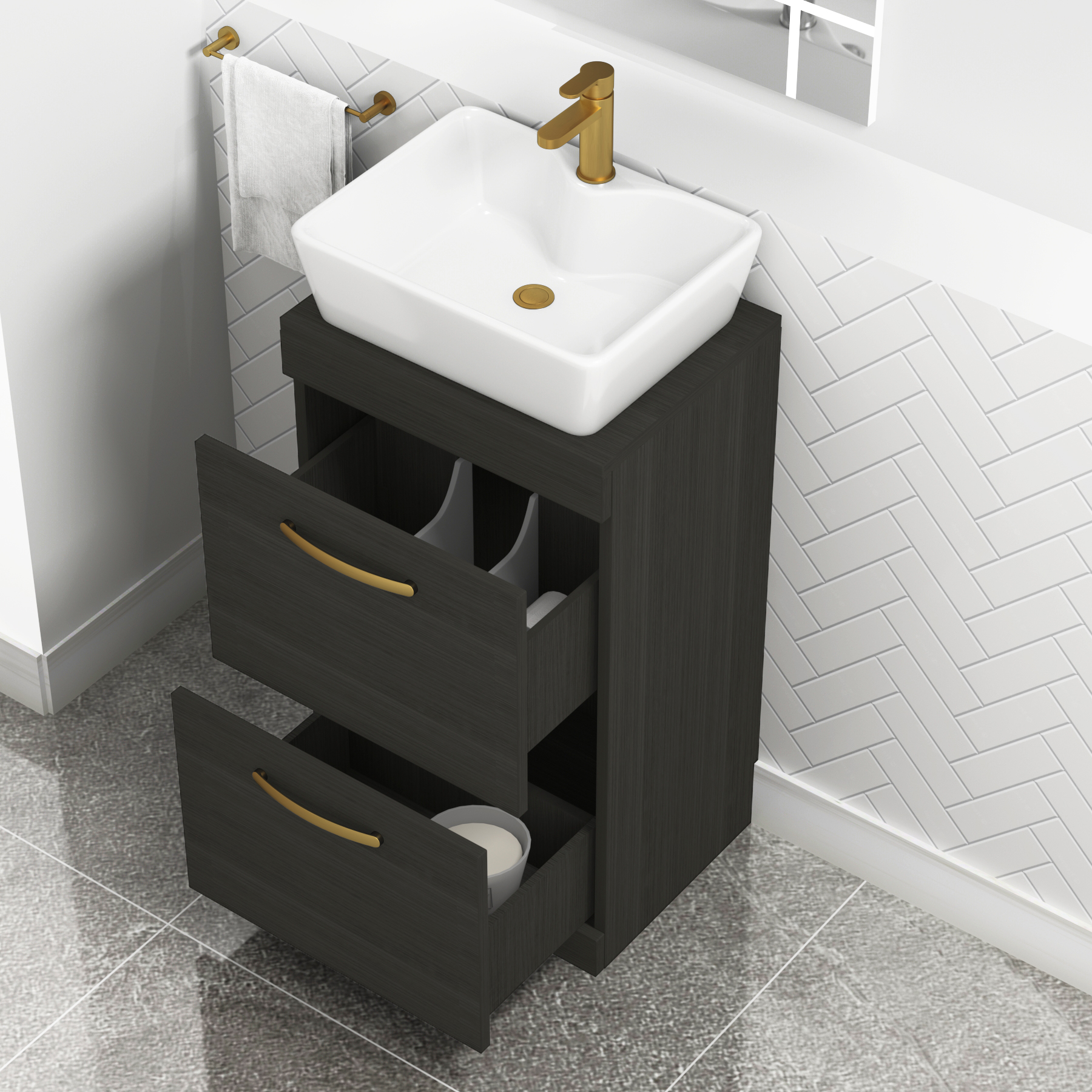 500mm Floor Standing Vanity Unit 2 Drawer Hale Black & Countertop Basin - Cube with Brushed Brass Handle