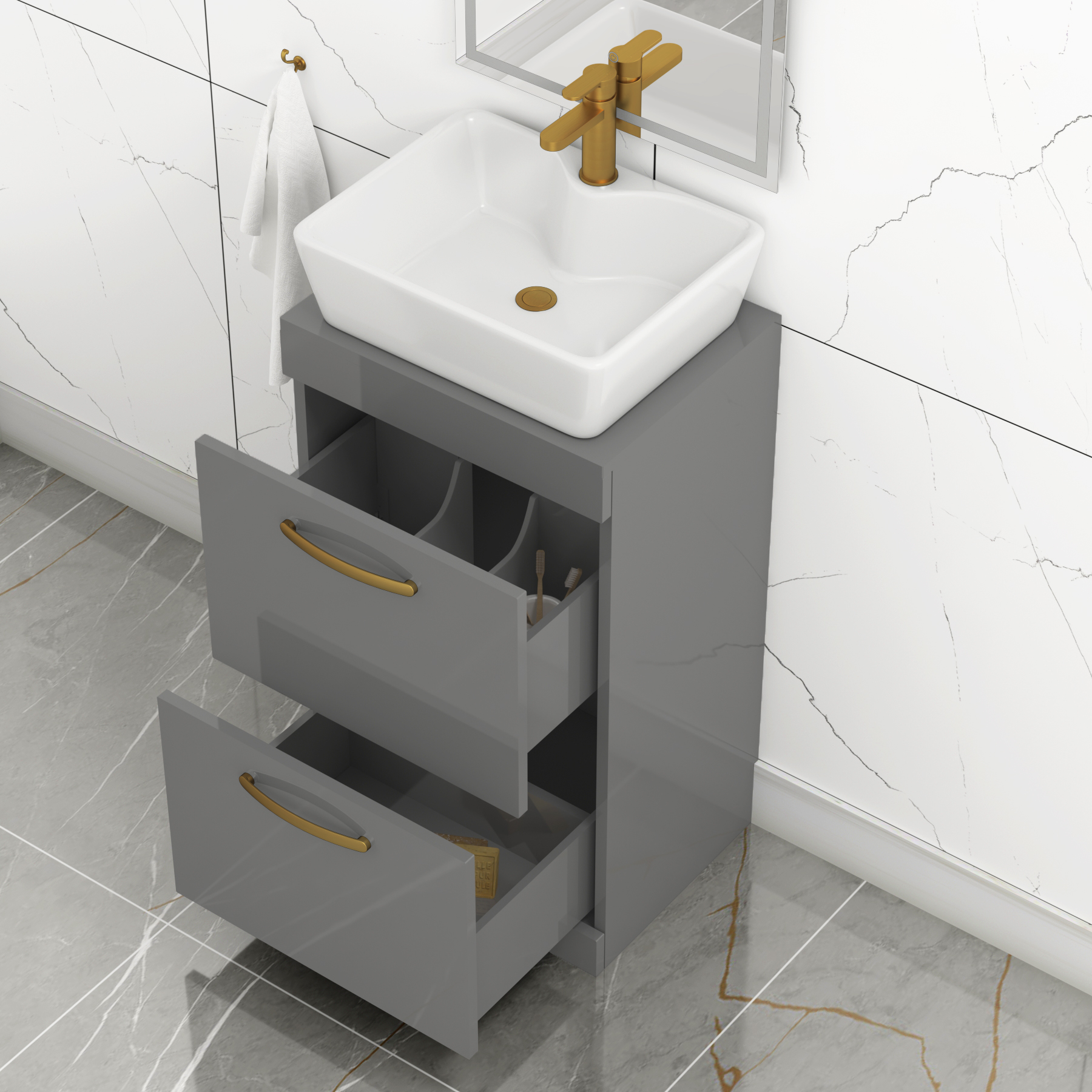 500mm Floor Standing Vanity Unit 2 Drawer Indigo Grey Gloss & Countertop Basin - Cube with Brushed Brass Handle