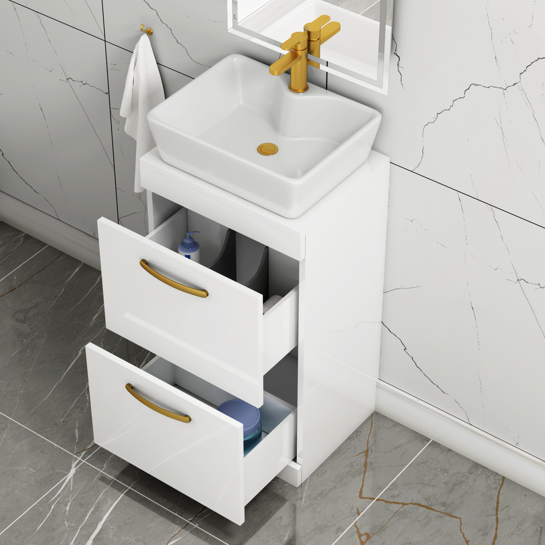 500mm Floor Standing Vanity Unit 2 Drawer Gloss White & Countertop Basin - Cube with Brushed Brass Handle
