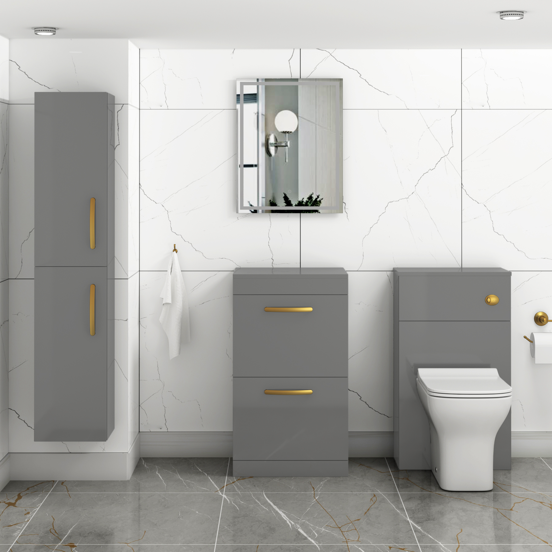  Turin 500mm Indigo Grey Gloss Floor Standing Worktop Vanity Unit - 2 Drawer with Brushed Brass Handle