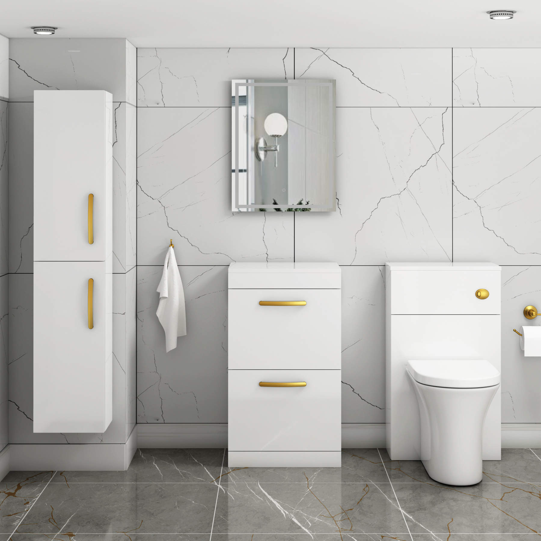  Turin 500mm Gloss White Floor Standing Worktop Vanity Unit - 2 Drawer with Brushed Brass Handle