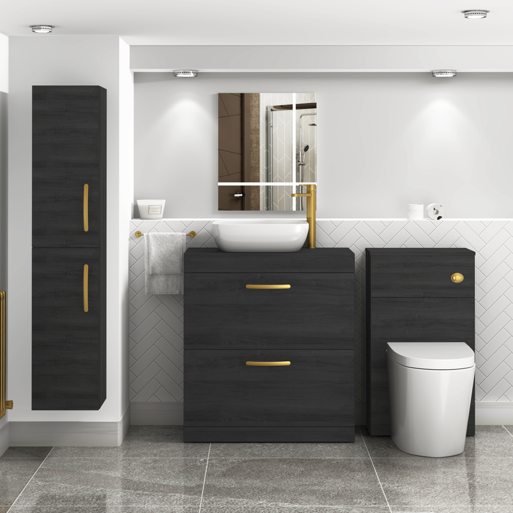 800mm Floor Standing Vanity Unit 2 Drawer Hale Black & Countertop Basin - Elva with Brushed Brass Handle