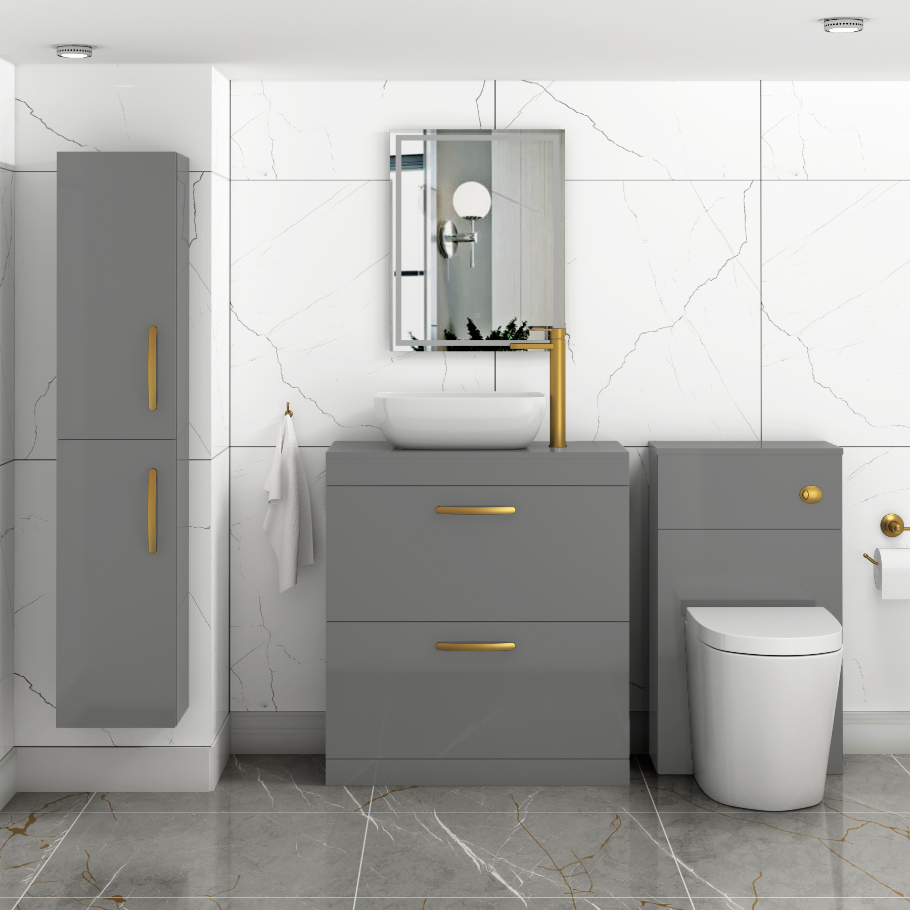 800mm Floor Standing Vanity Unit 2 Drawer Indigo Grey Gloss & Countertop Basin - Elva with Brushed Brass Handle
