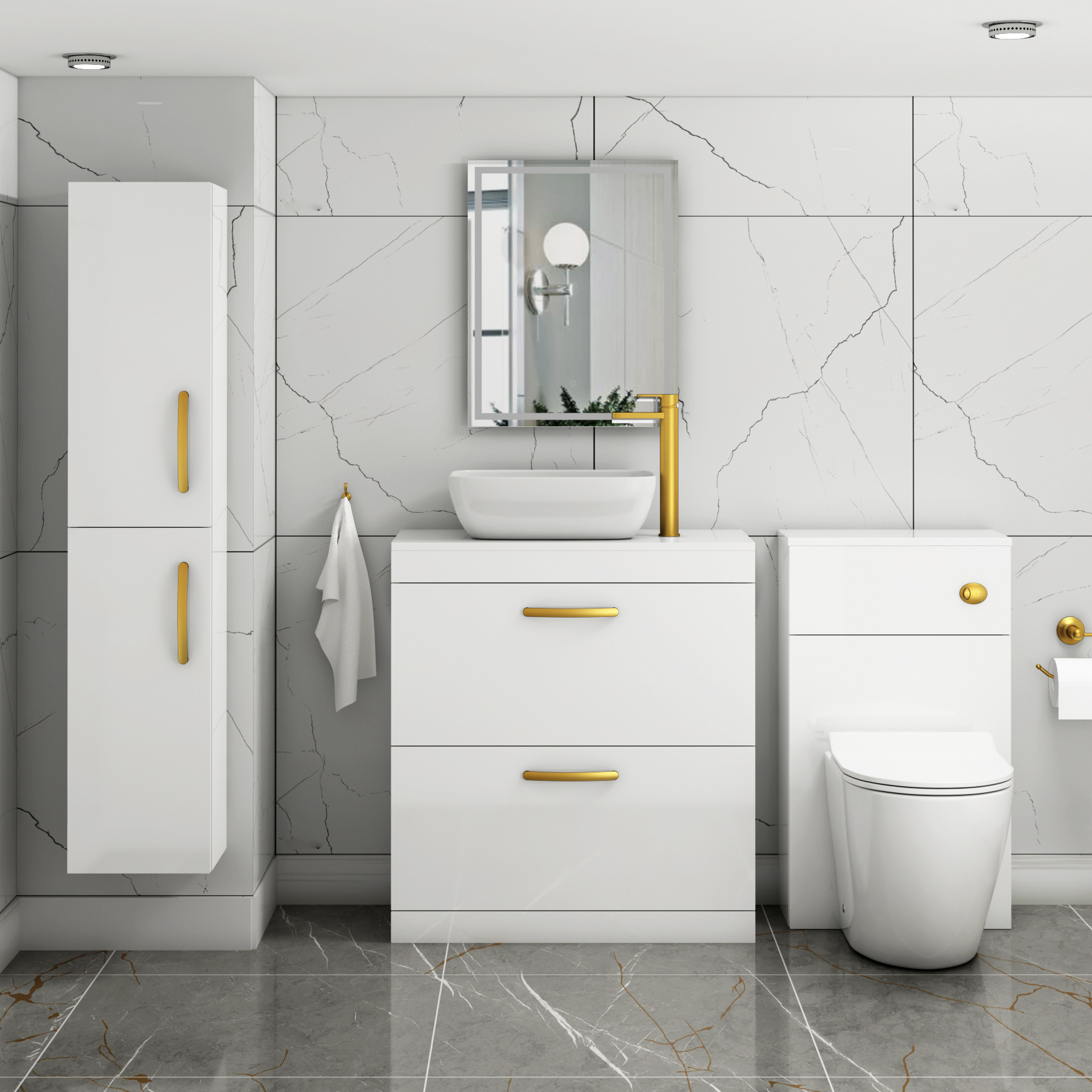 800mm Floor Standing Vanity Unit 2 Drawer Gloss White & Countertop Basin - Elva with Brushed Brass Handle