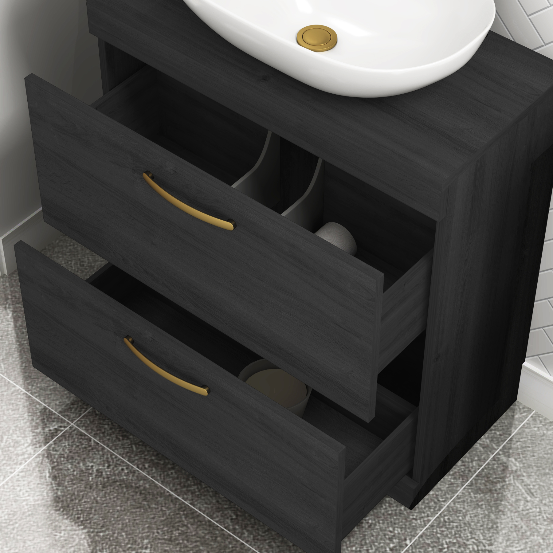 800mm Floor Standing Vanity Unit 2 Drawer Hale Black & Countertop Basin - Elva with Brushed Brass Handle