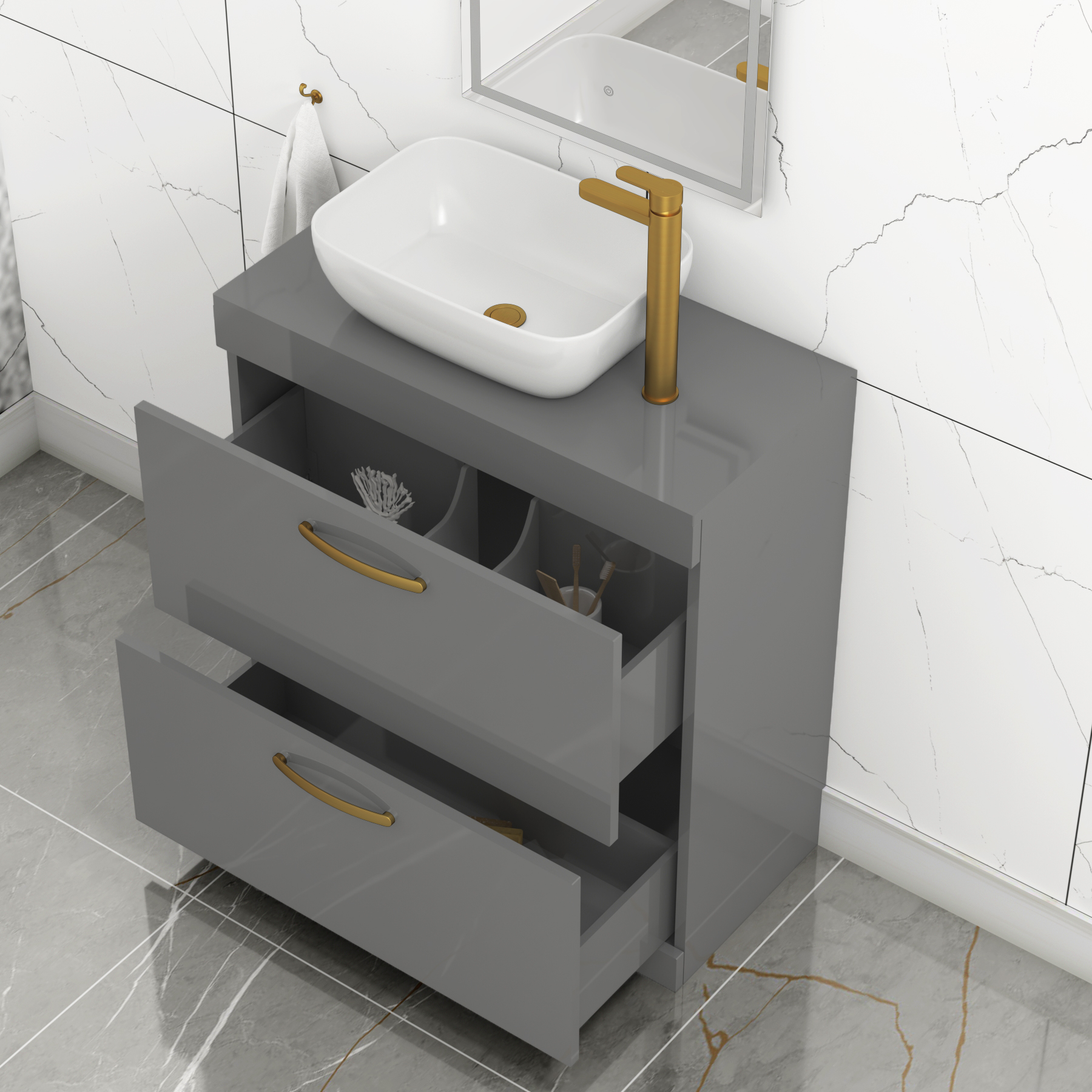800mm Floor Standing Vanity Unit 2 Drawer Indigo Grey Gloss & Countertop Basin - Elva with Brushed Brass Handle
