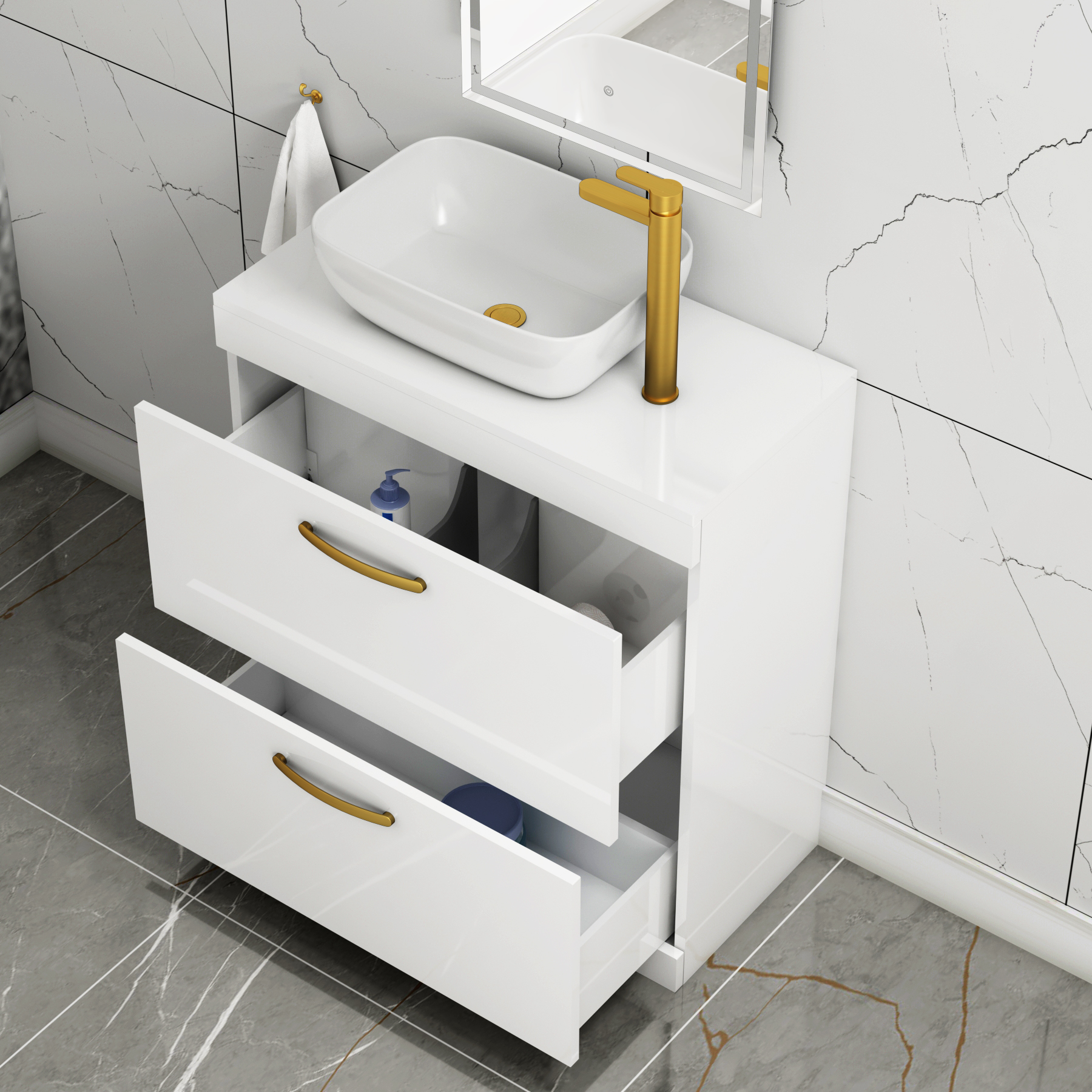 800mm Floor Standing Vanity Unit 2 Drawer Gloss White & Countertop Basin - Elva with Brushed Brass Handle