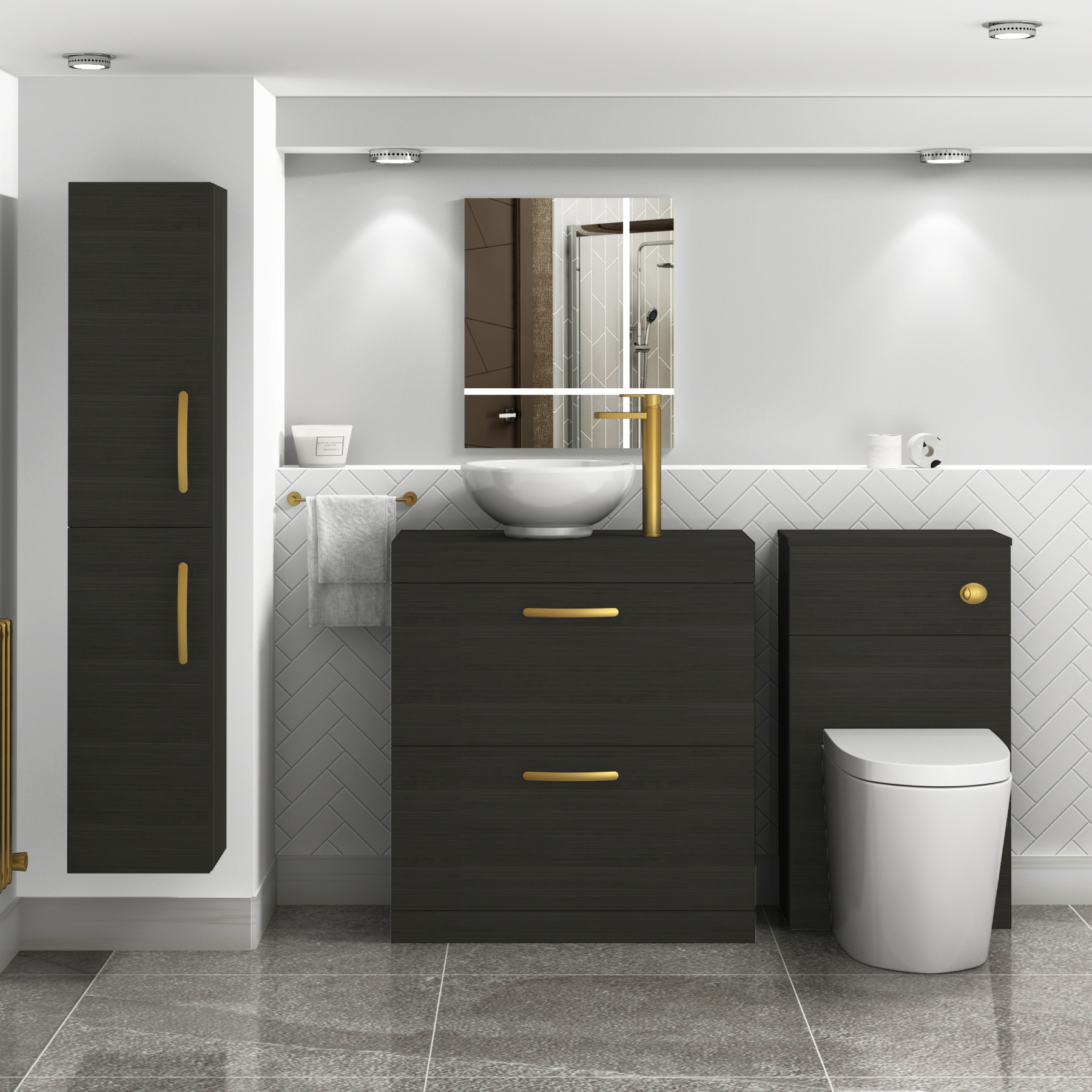 800mm Floor Standing Vanity Unit 2 Drawer Hale Black & Countertop Basin - Breeze with Brushed Brass Handle