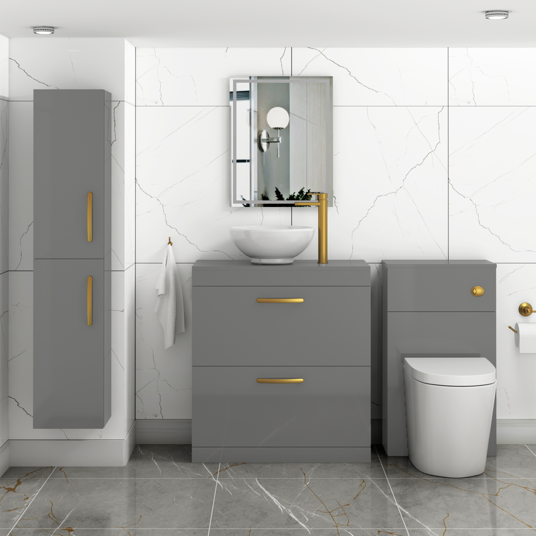 800mm Floor Standing Vanity Unit 2 Drawer Indigo Grey Gloss & Countertop Basin - Breeze with Brushed Brass Handle