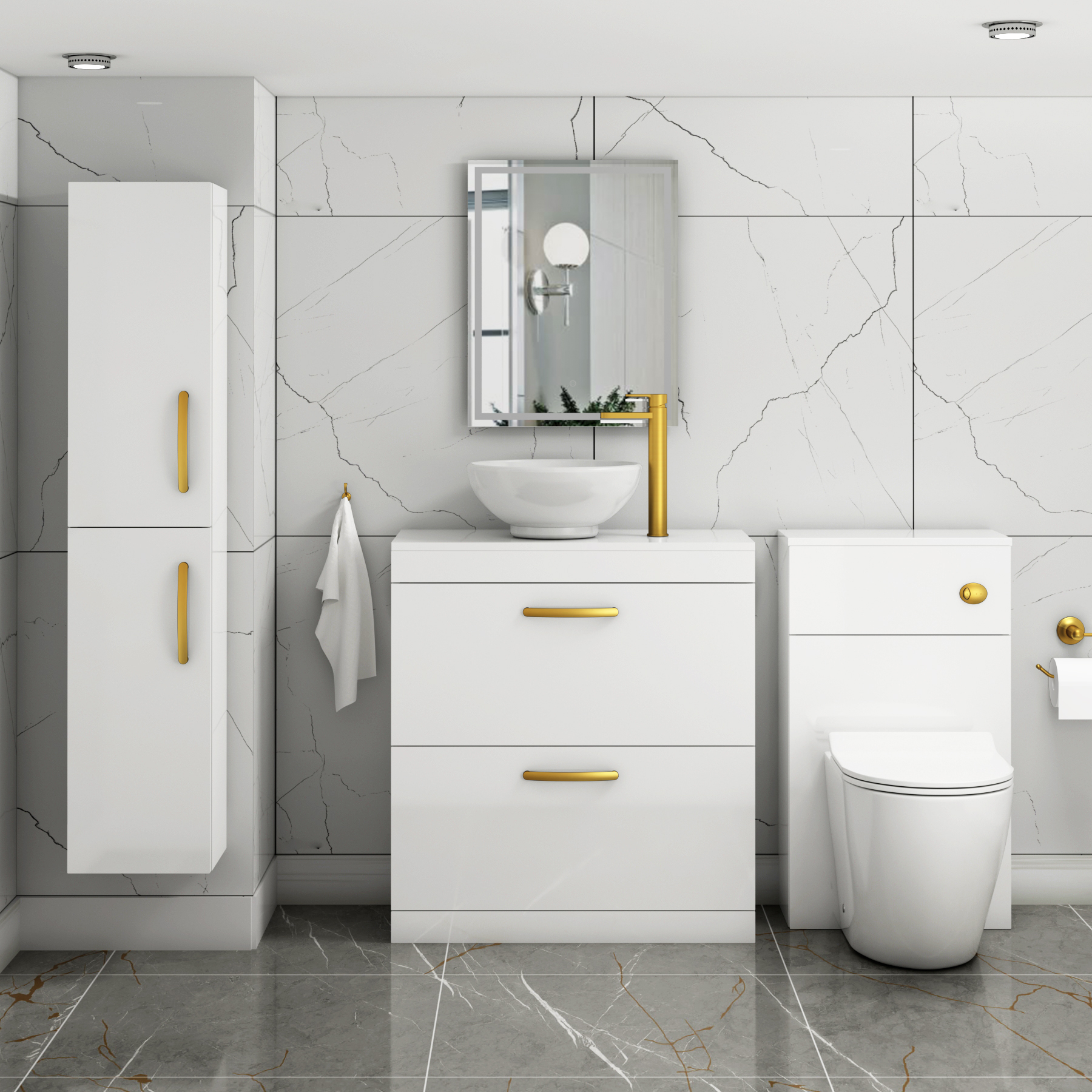 800mm Floor Standing Vanity Unit 2 Drawer Gloss White & Countertop Basin - Breeze with Brushed Brass Handle
