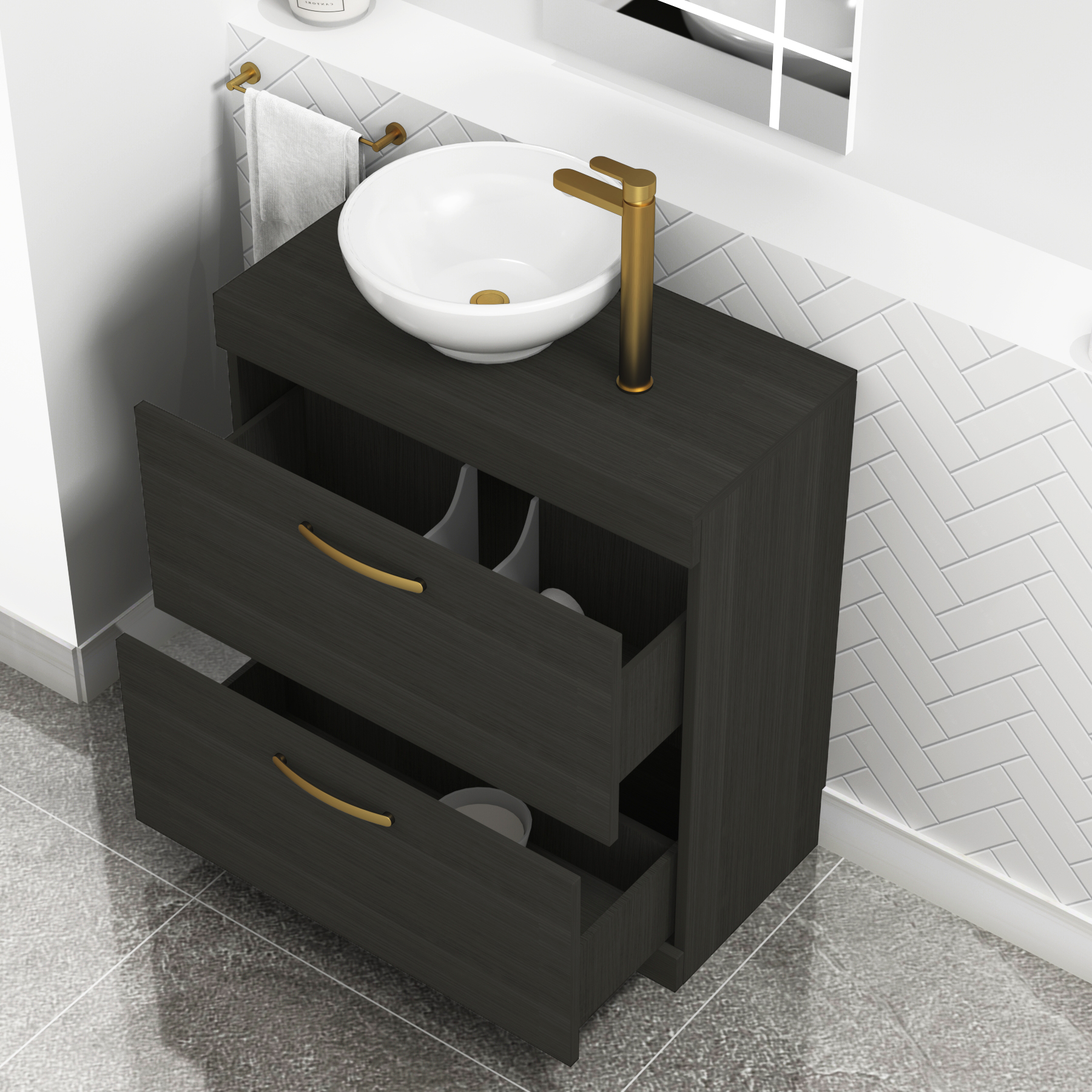 800mm Floor Standing Vanity Unit 2 Drawer Hale Black & Countertop Basin - Breeze with Brushed Brass Handle