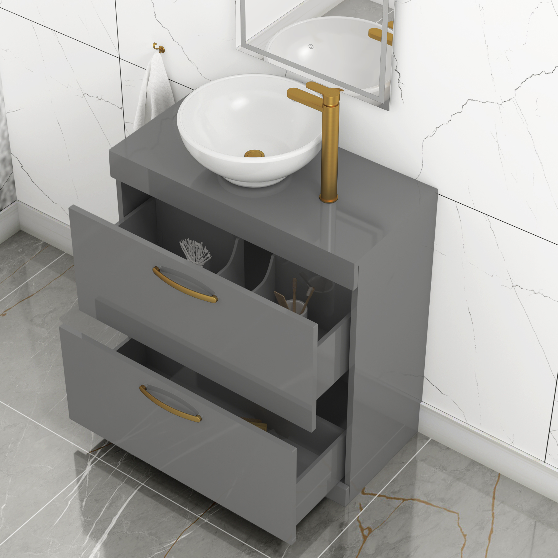 800mm Floor Standing Vanity Unit 2 Drawer Indigo Grey Gloss & Countertop Basin - Breeze with Brushed Brass Handle