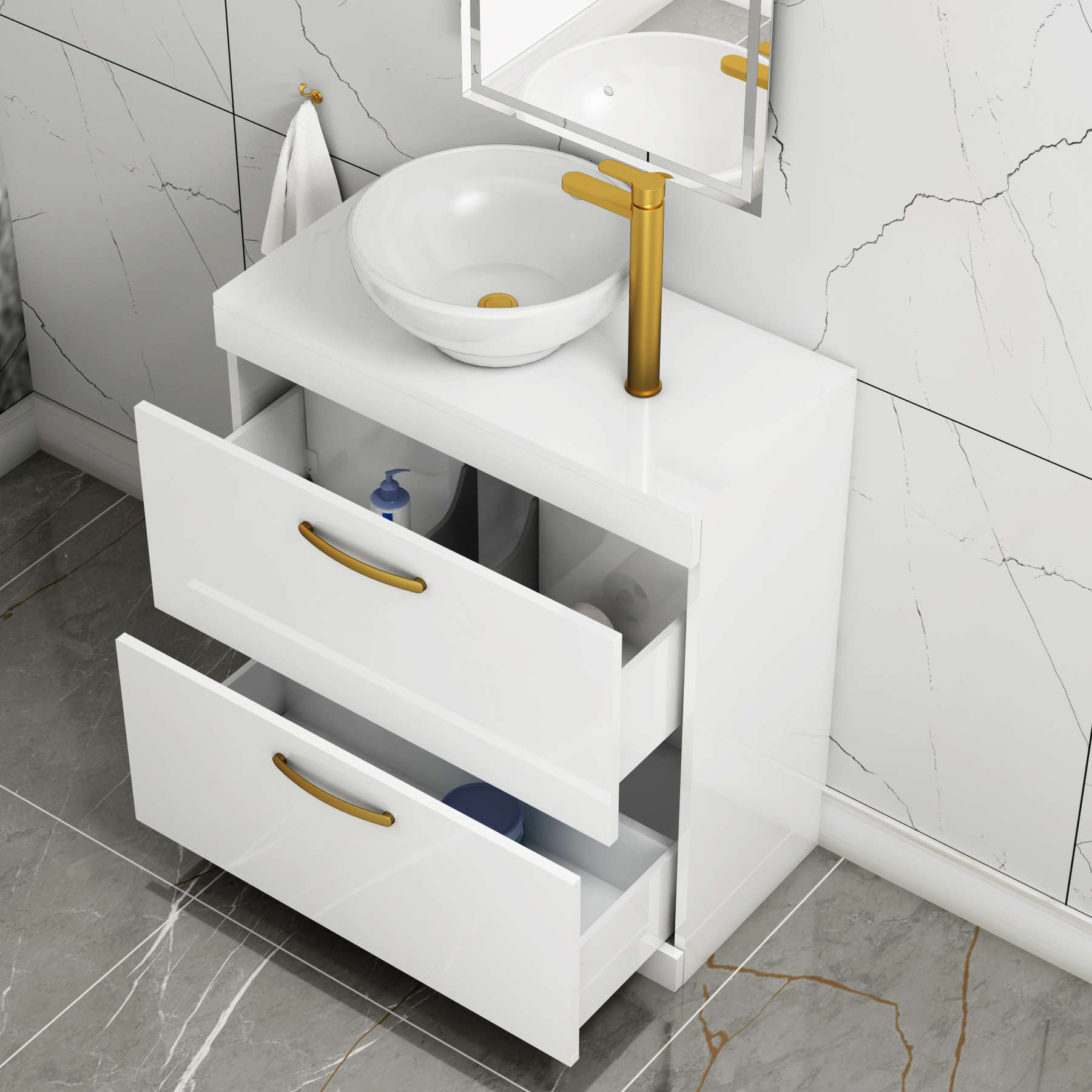 800mm Floor Standing Vanity Unit 2 Drawer Gloss White & Countertop Basin - Breeze with Brushed Brass Handle