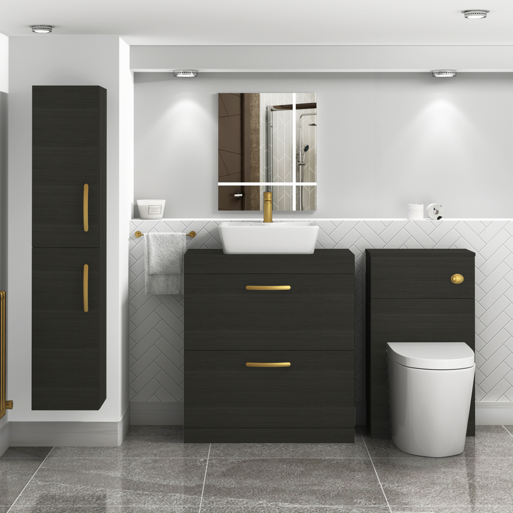 800mm Hale Black 2 Drawer Free Standing Bathroom Vanity Unit with Basin & Cube Countertop Sink with Brushed Brass Handle