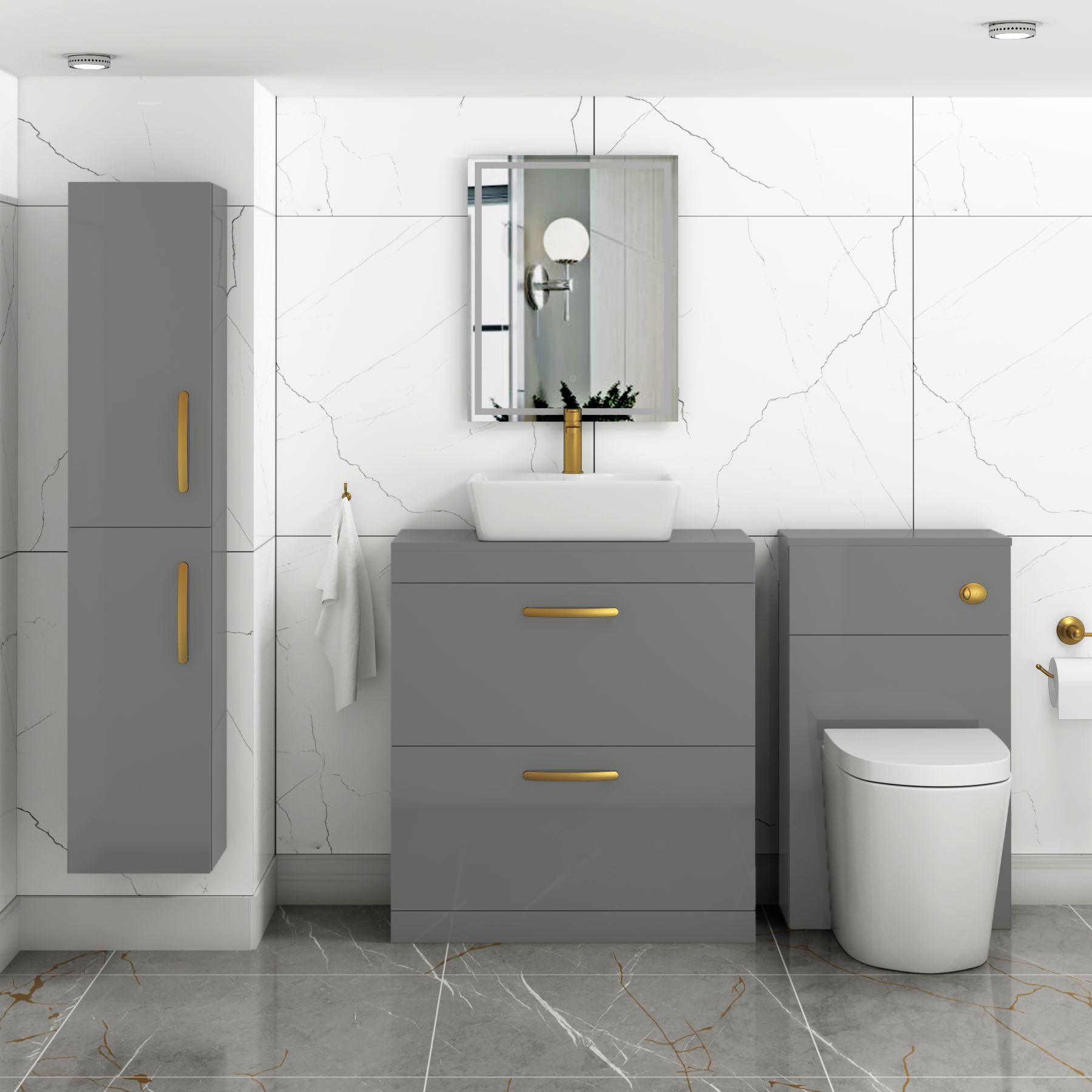 800mm Floor Standing Vanity Unit 2 Drawer Indigo Grey Gloss & Countertop Basin - Cube with Brushed Brass Handle