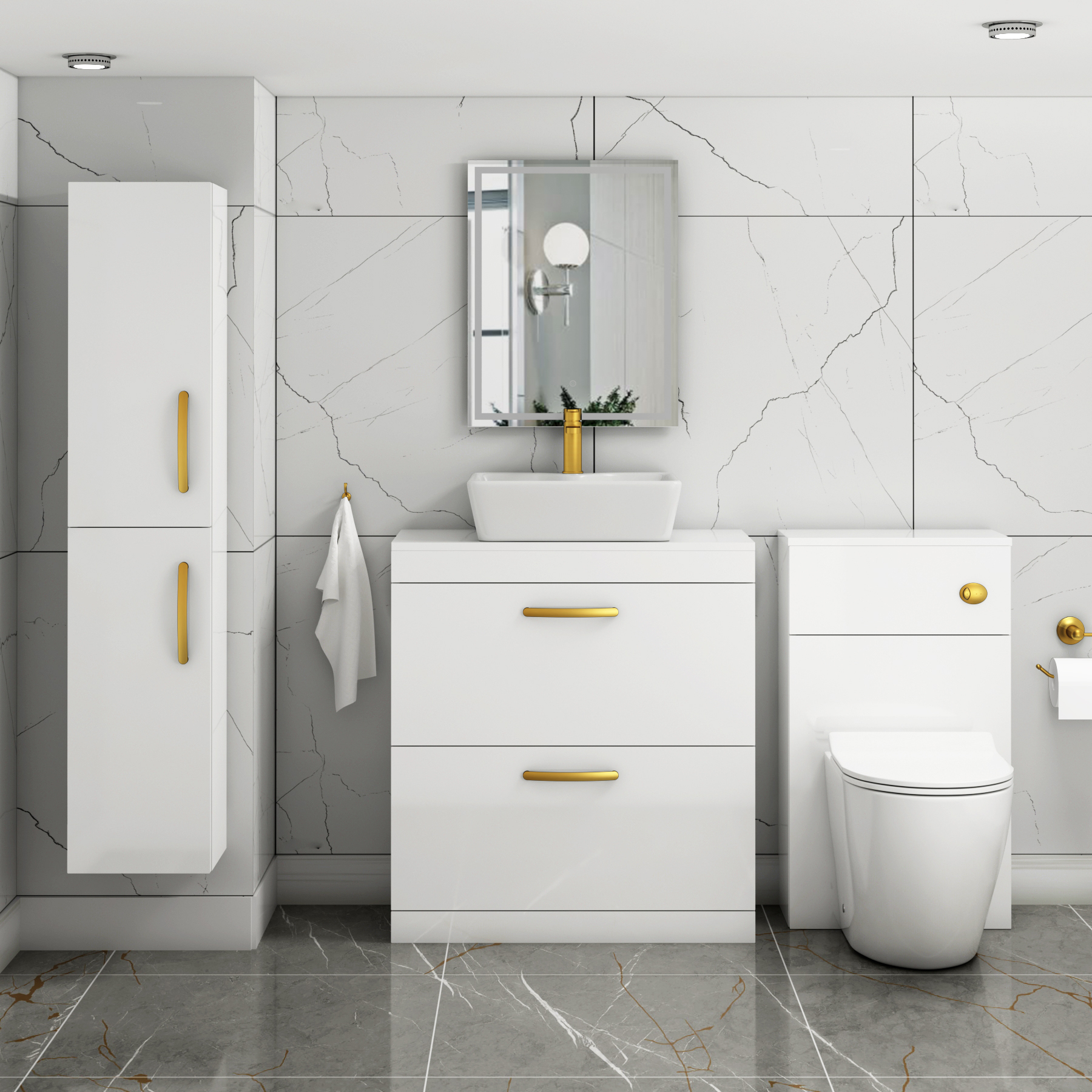 800mm Floor Standing Vanity Unit 2 Drawer Gloss White & Countertop Basin - Cube with Brushed Brass Handle