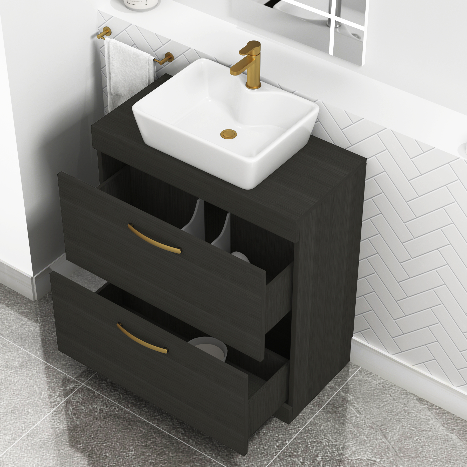 800mm Hale Black 2 Drawer Free Standing Bathroom Vanity Unit with Basin & Cube Countertop Sink with Brushed Brass Handle