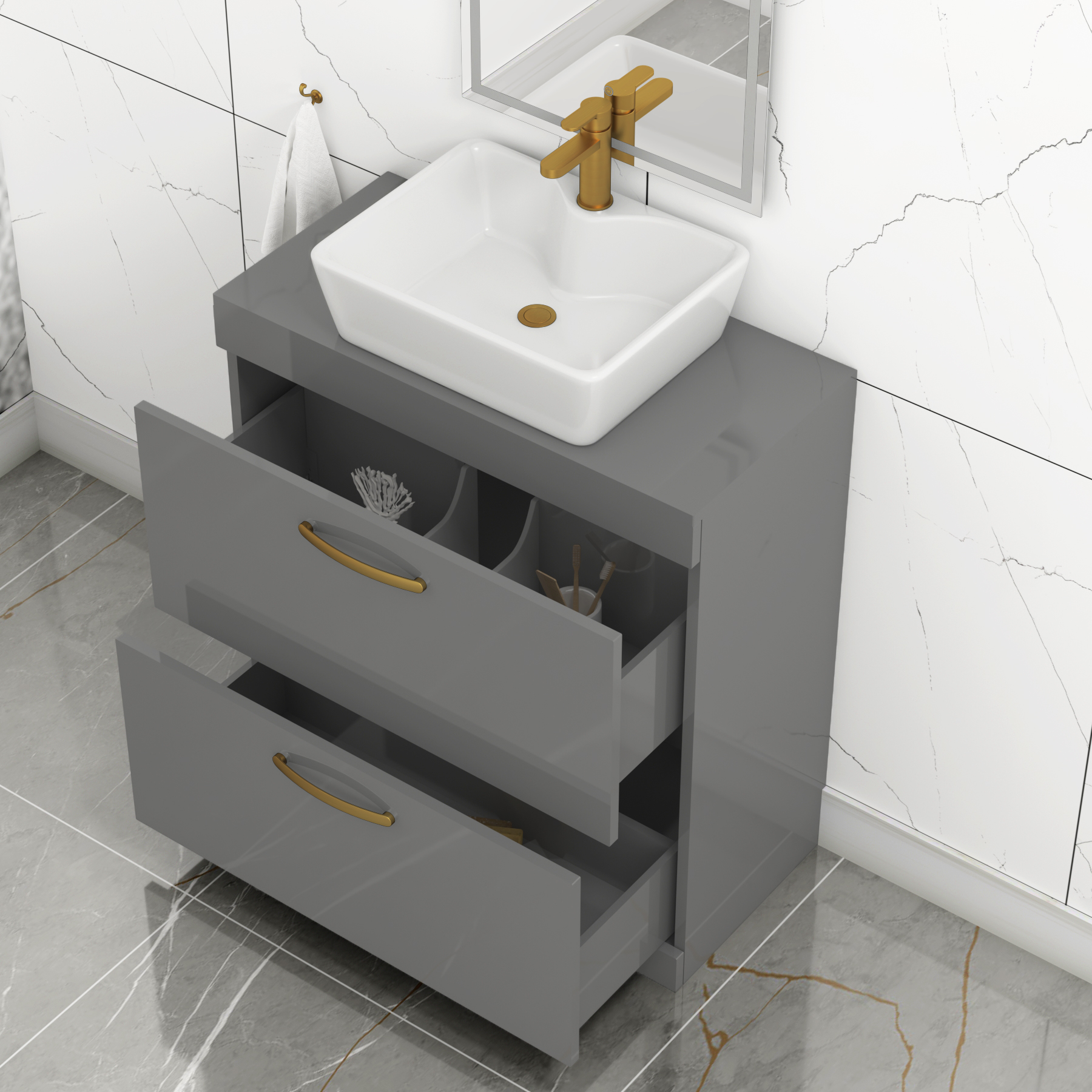 800mm Floor Standing Vanity Unit 2 Drawer Indigo Grey Gloss & Countertop Basin - Cube with Brushed Brass Handle