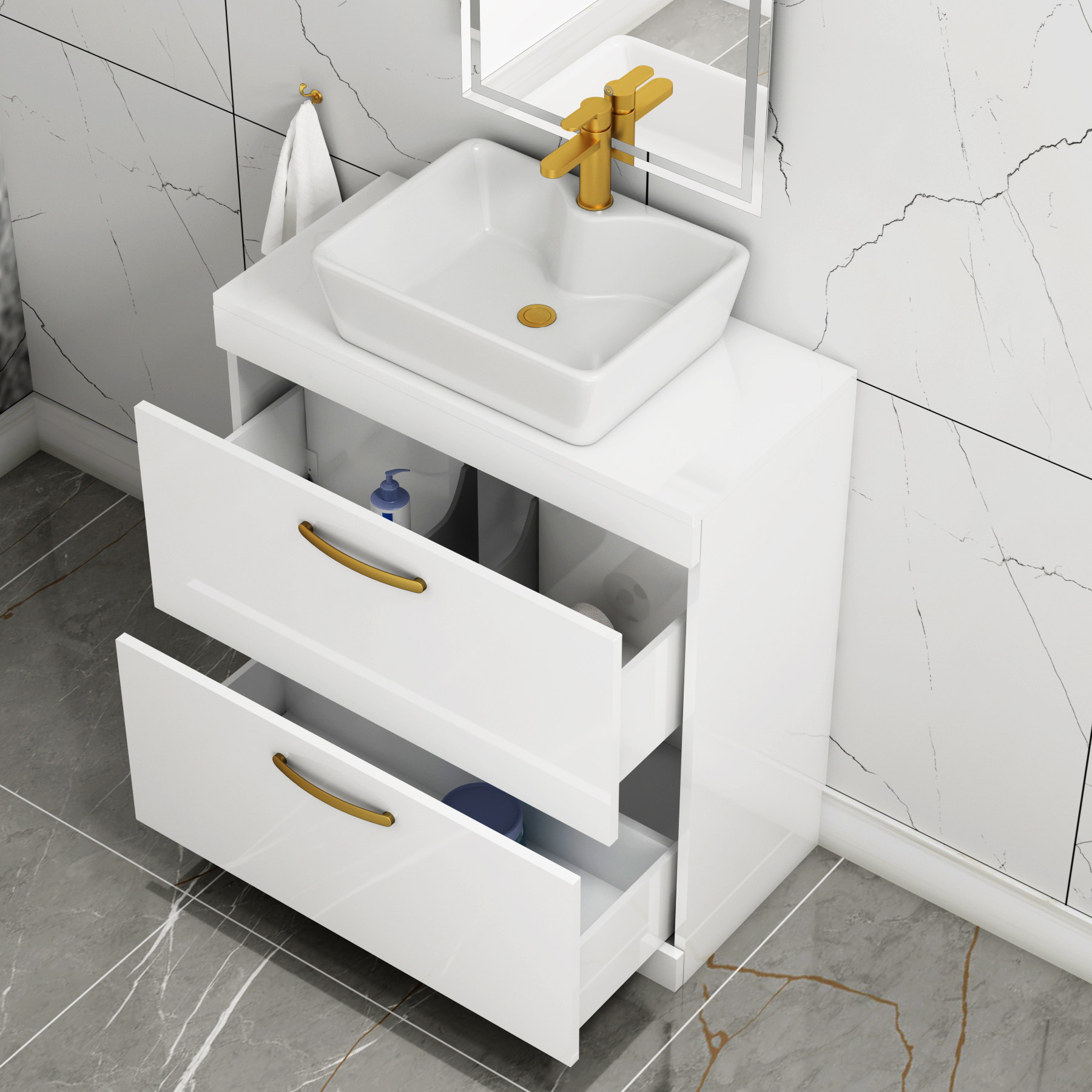 800mm Floor Standing Vanity Unit 2 Drawer Gloss White & Countertop Basin - Cube with Brushed Brass Handle