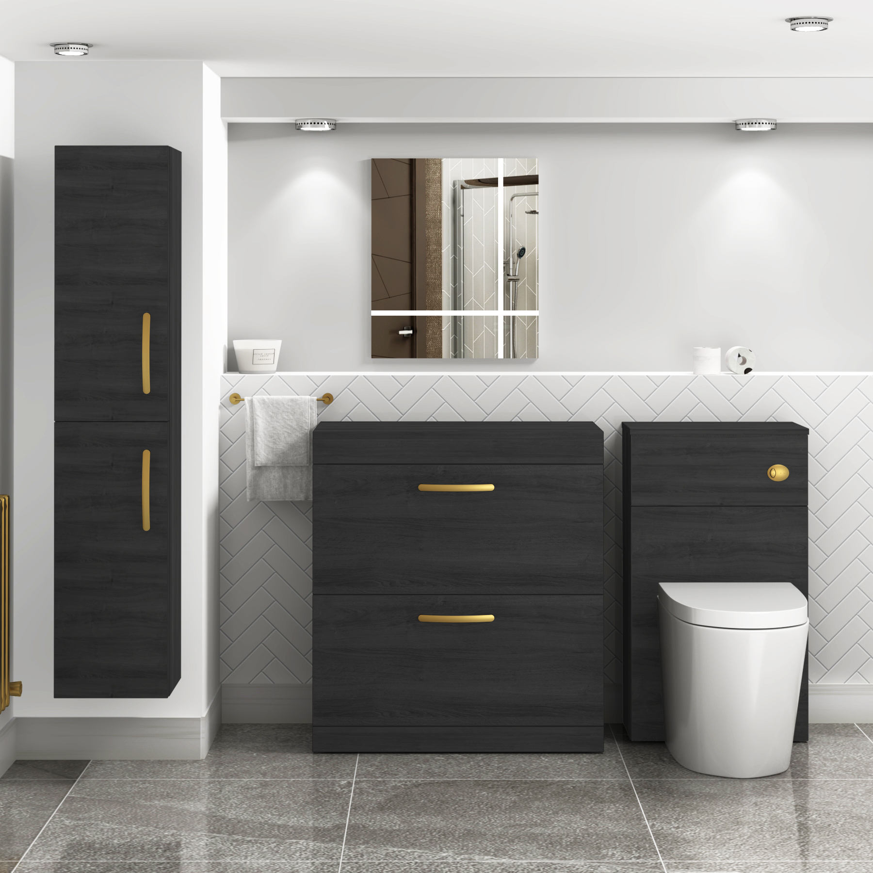  Turin 800mm Hale Black Floor Standing Worktop Vanity Unit - 2 Drawer with Brushed Brass Handle