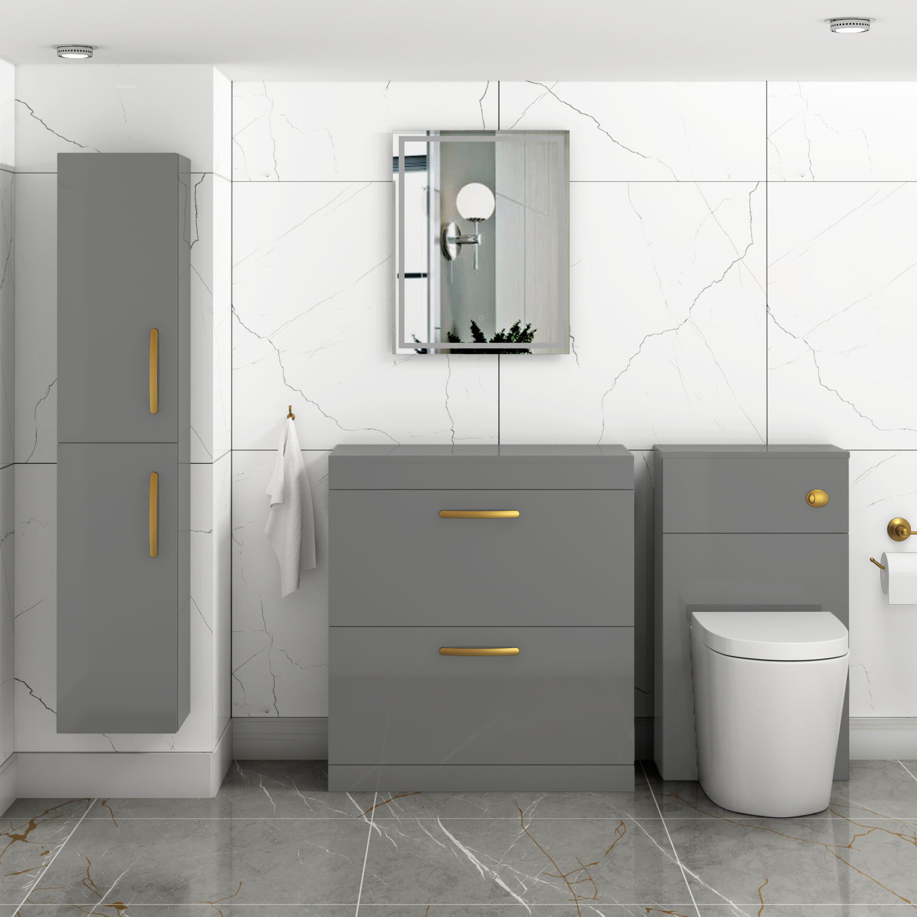  Turin 800mm Indigo Grey Gloss Floor Standing Worktop Vanity Unit - 2 Drawer with Brushed Brass Handle