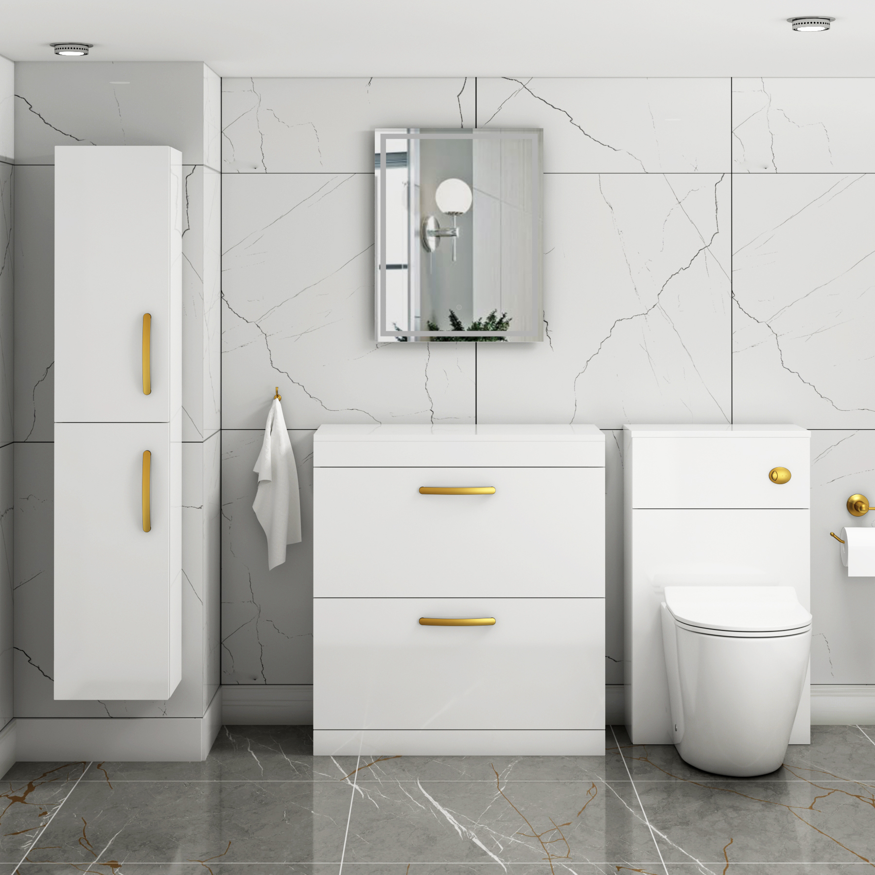  Turin 800mm Gloss White Floor Standing Worktop Vanity Unit - 2 Drawer with Brushed Brass Handle