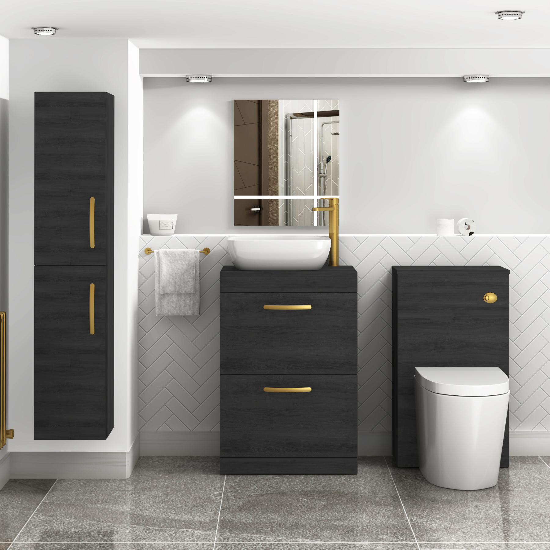 600mm Floor Standing Vanity Unit 2 Drawer Hale Black & Countertop Basin - Elva with Brushed Brass Handle